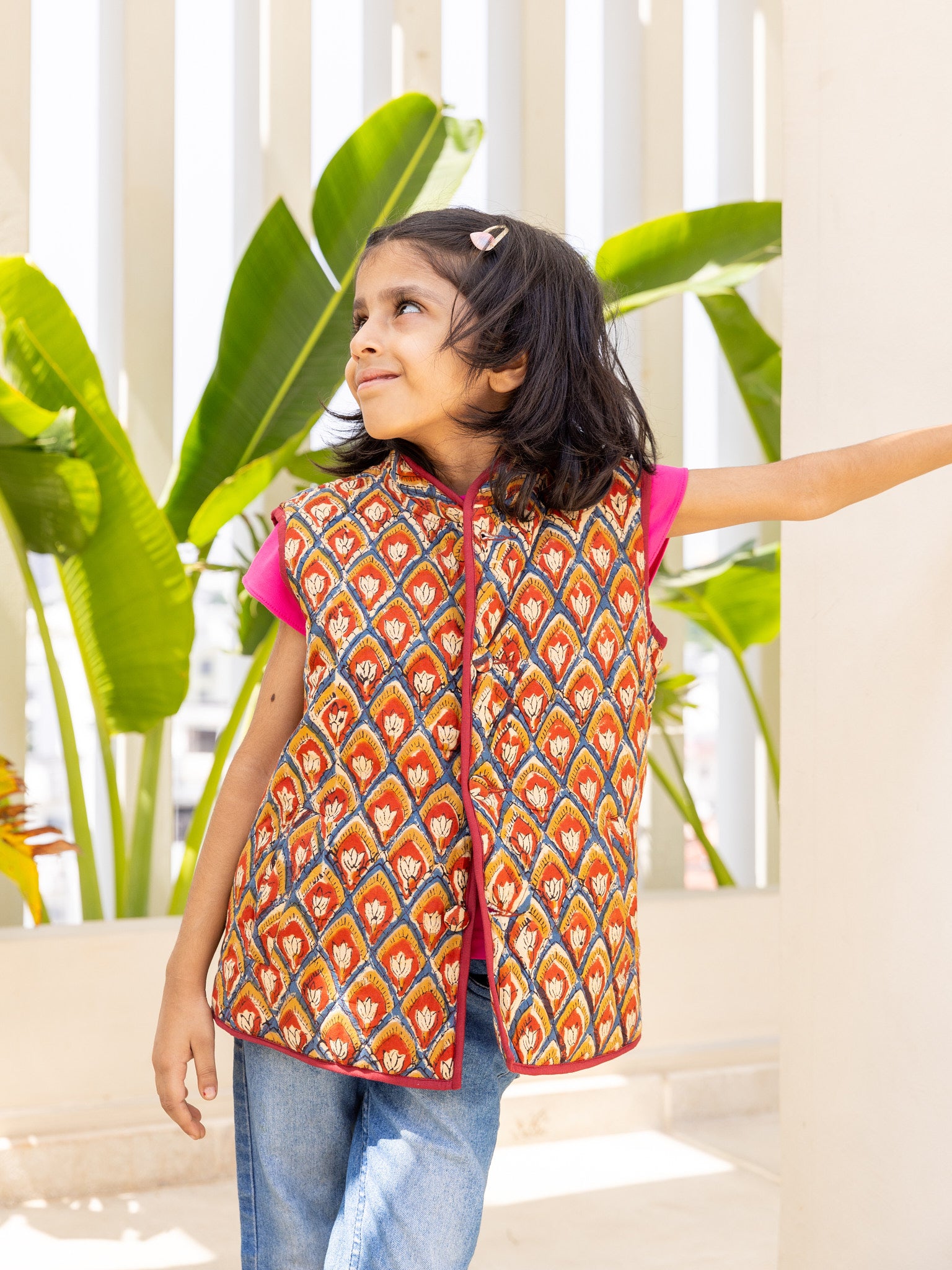 Cotton Kids Quilted Red Brown Booti Bagru Block Print Sleevless Jacket