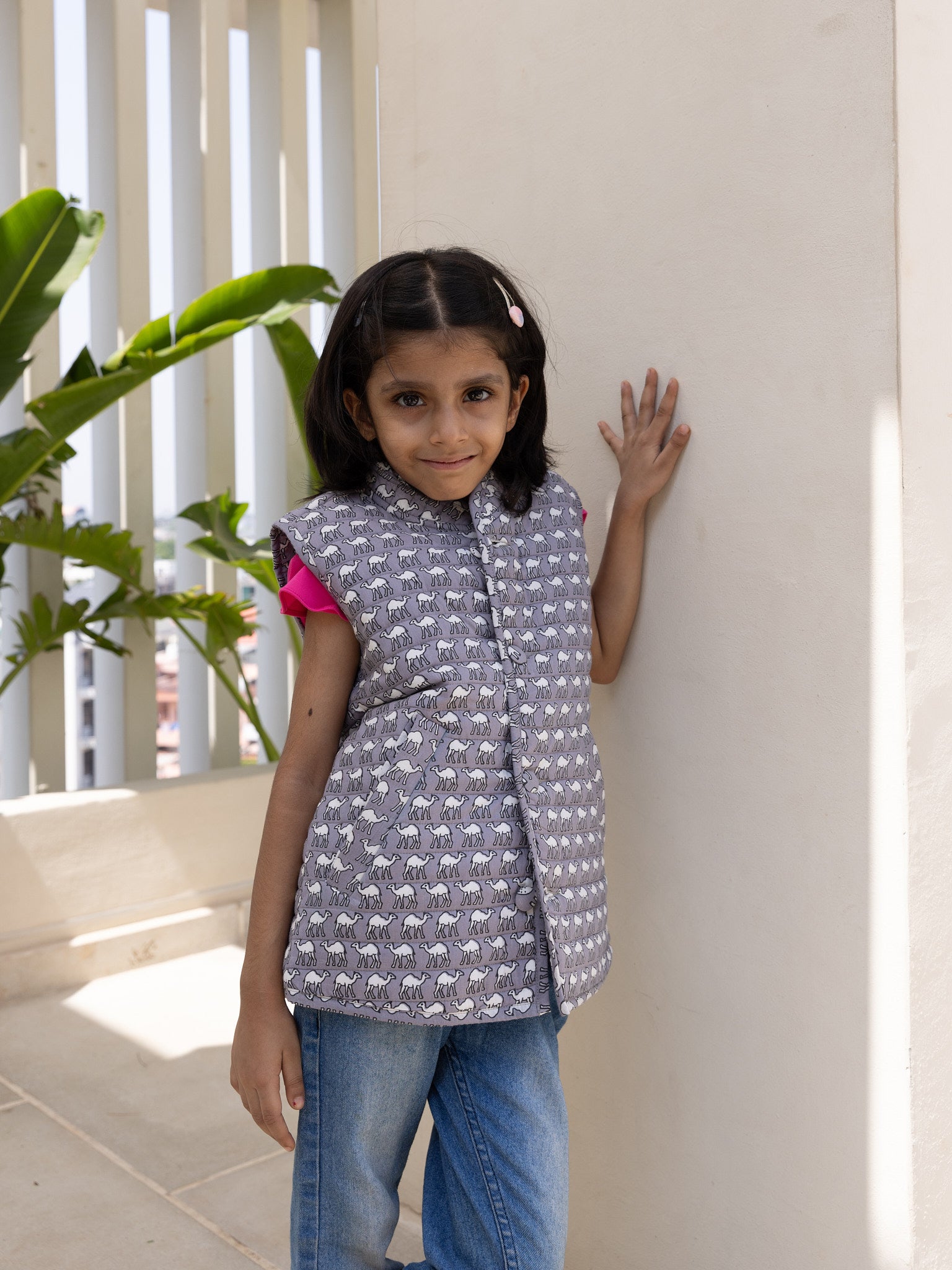 Cotton Kids Quilted Grey-White Camel Sleevless Jacket