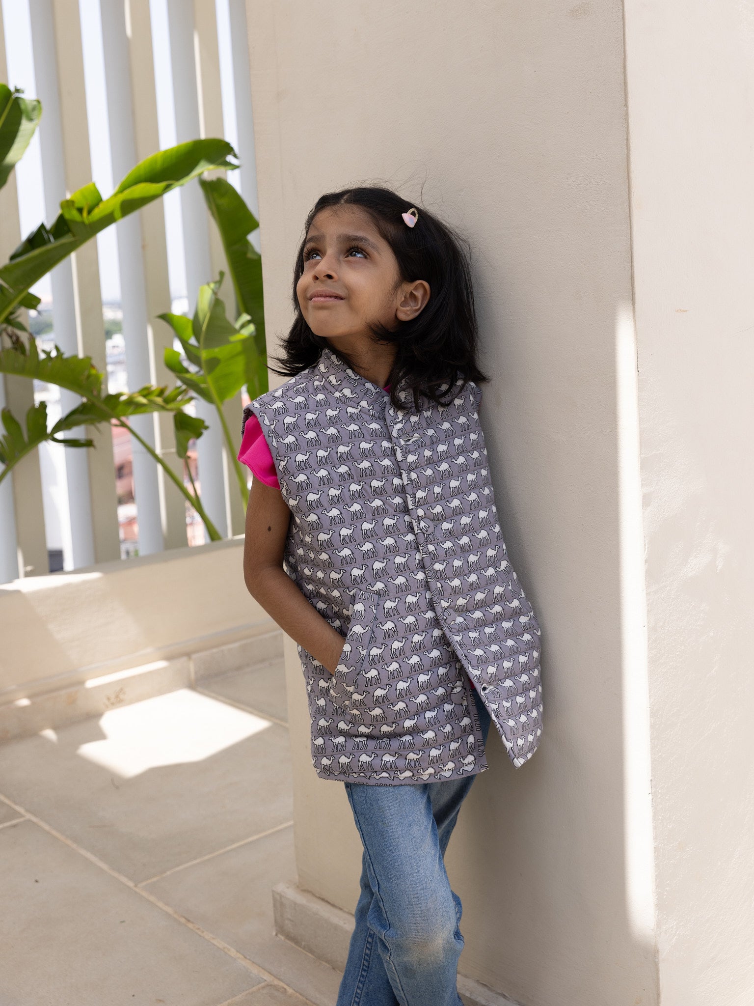 Cotton Kids Quilted Grey-White Camel Sleevless Jacket