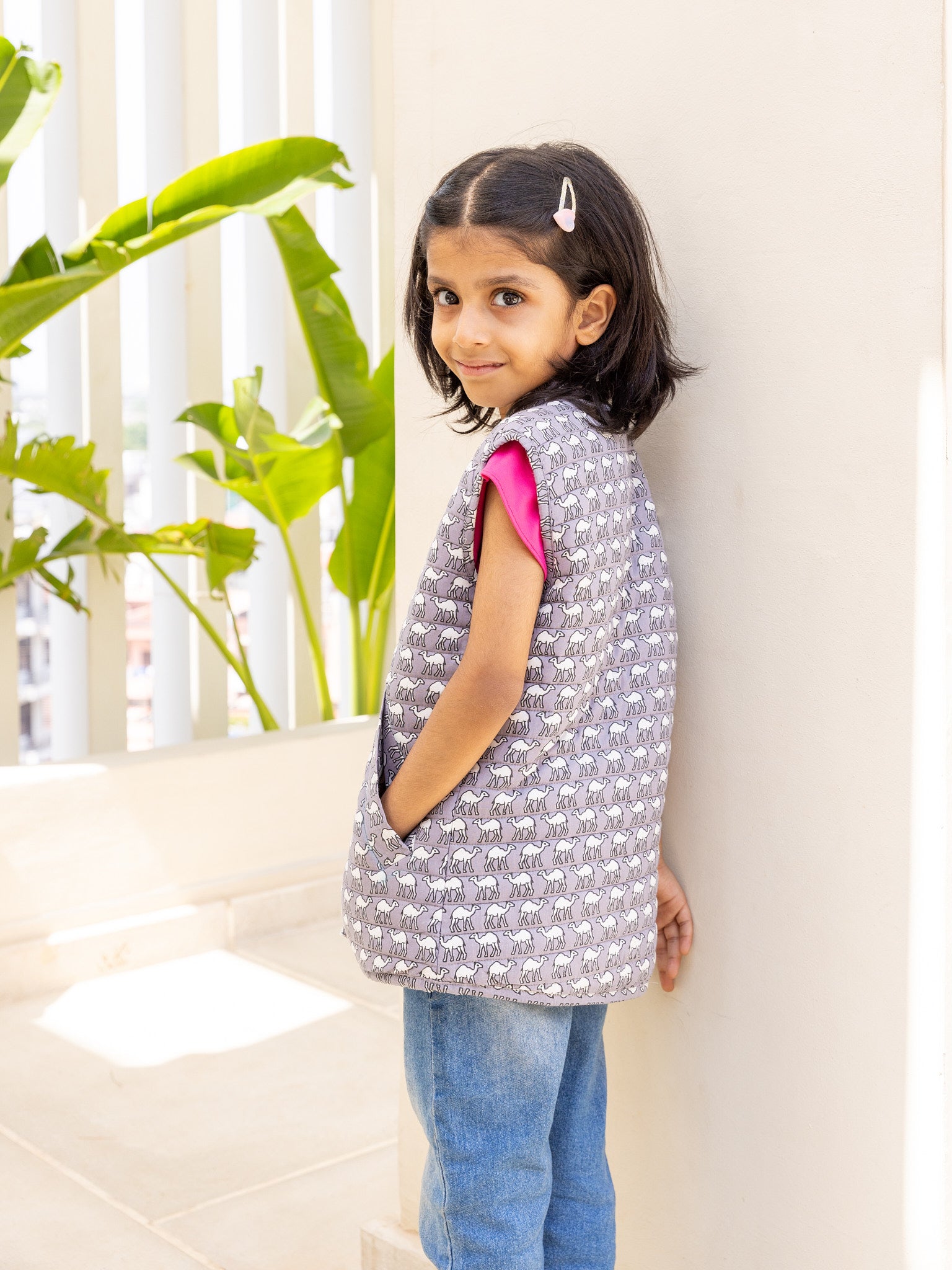 Cotton Kids Quilted Grey-White Camel Sleevless Jacket