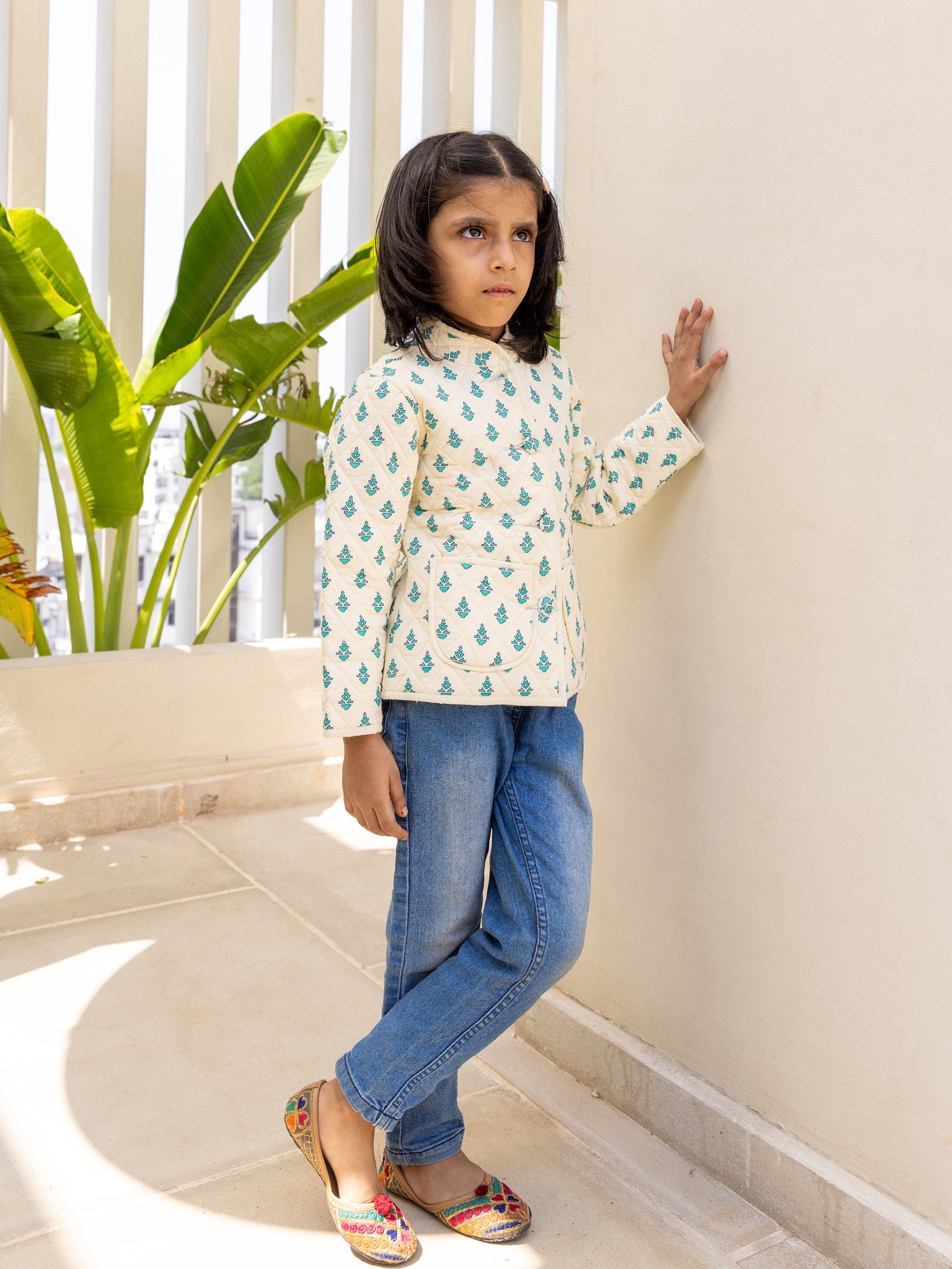 Cotton Kids Quilted Cream-Blue Floral Fullsleeves Jacket