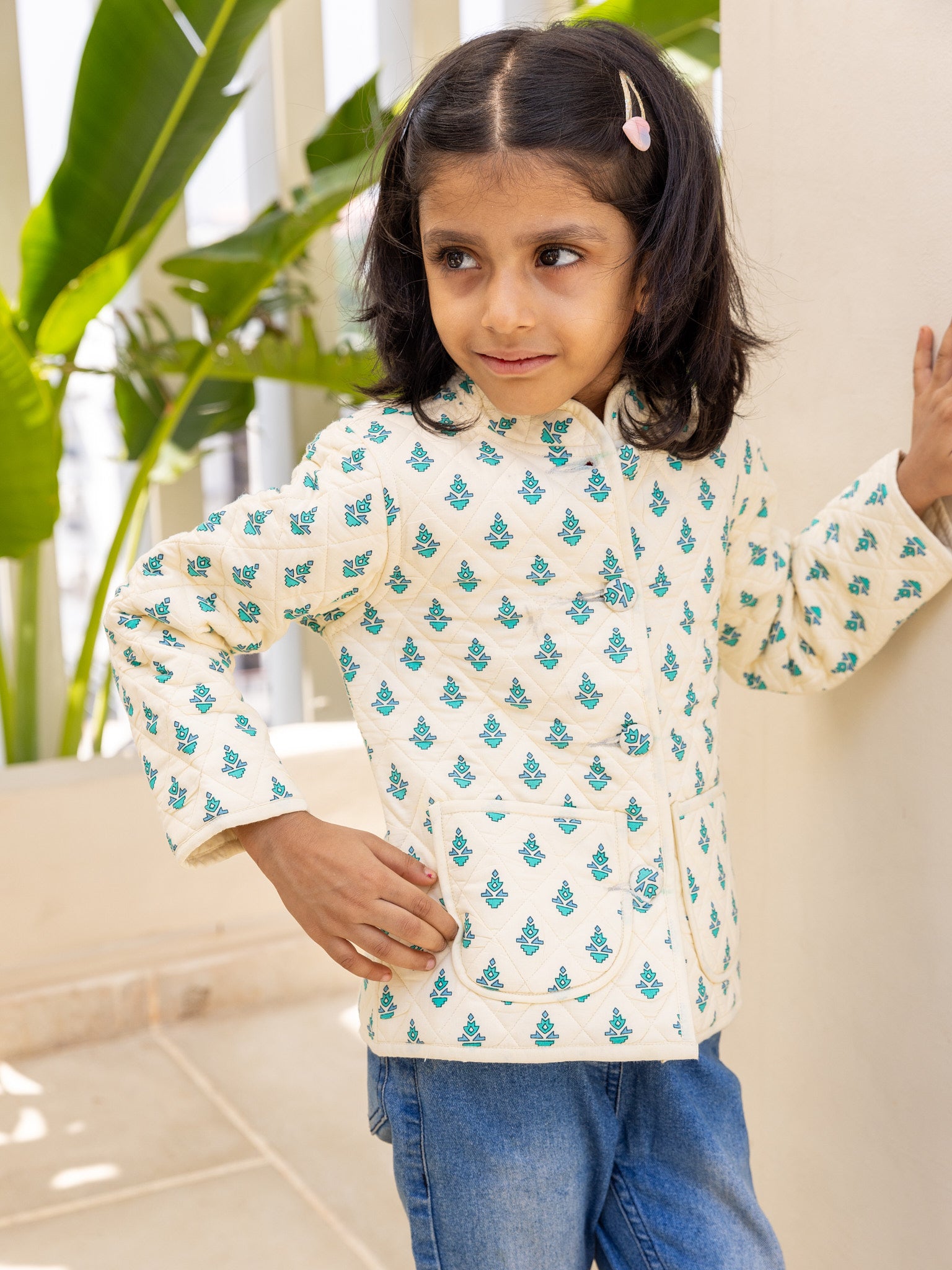 Cotton Kids Quilted Cream-Blue Floral Fullsleeves Jacket