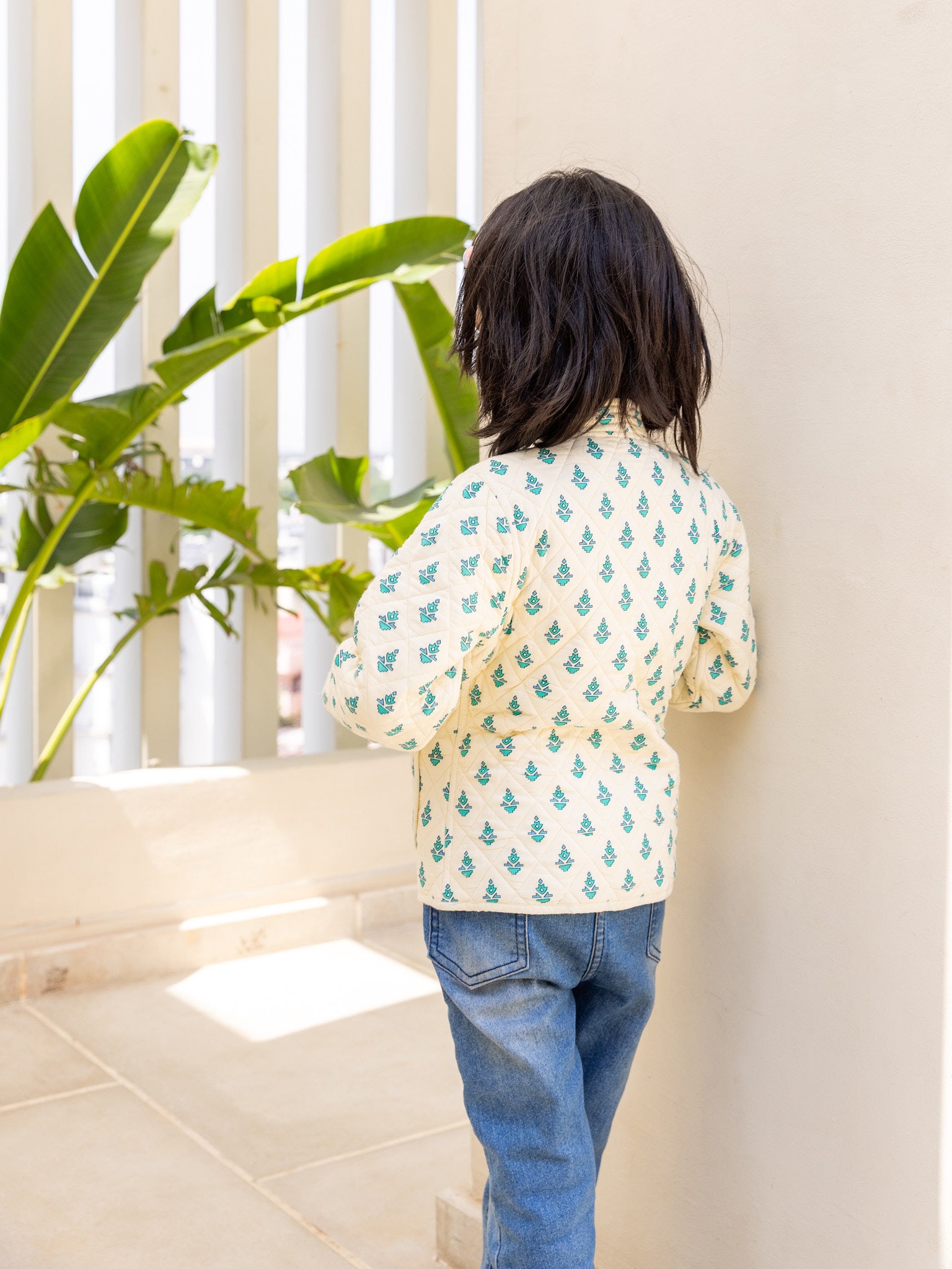 Cotton Kids Quilted Cream-Blue Floral Fullsleeves Jacket