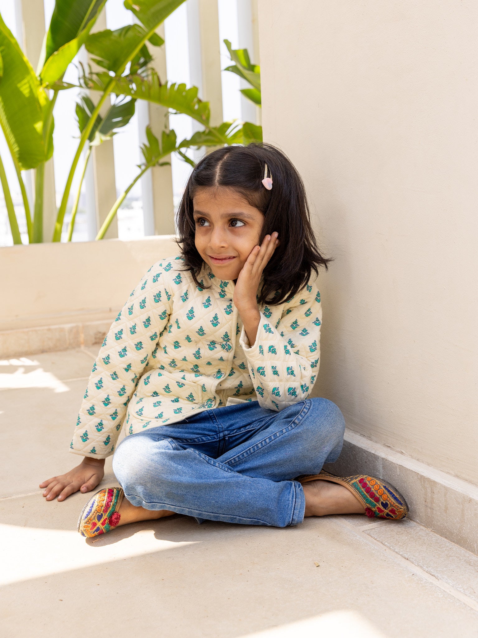Cotton Kids Quilted Cream-Blue Floral Fullsleeves Jacket