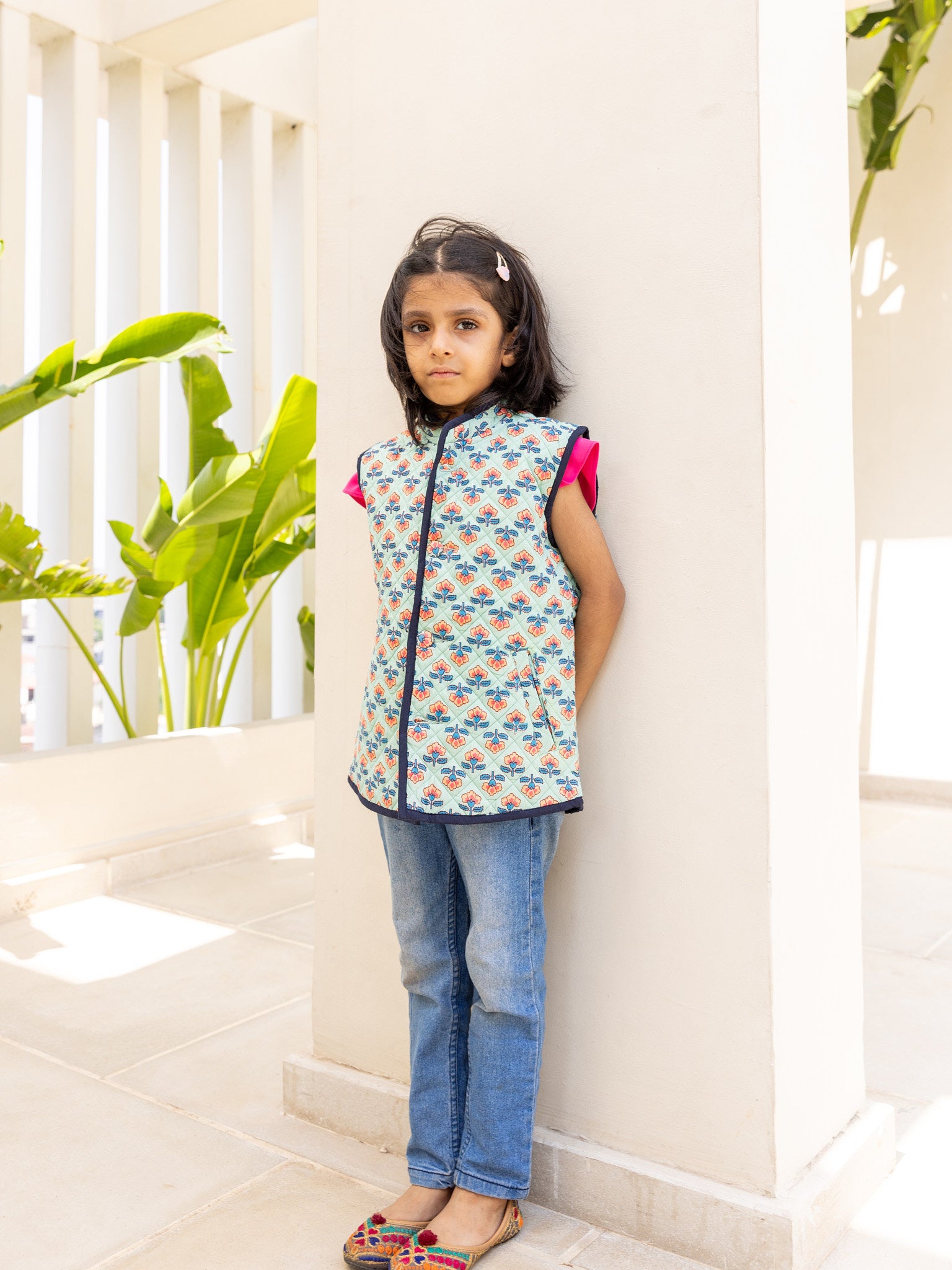Cotton Kids Quilted Greenish Blue Orange Floral Sleevless Jacket