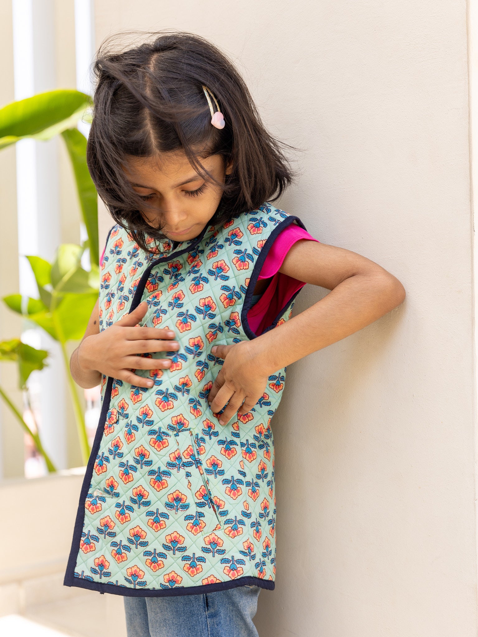 Cotton Kids Quilted Greenish Blue Orange Floral Sleevless Jacket