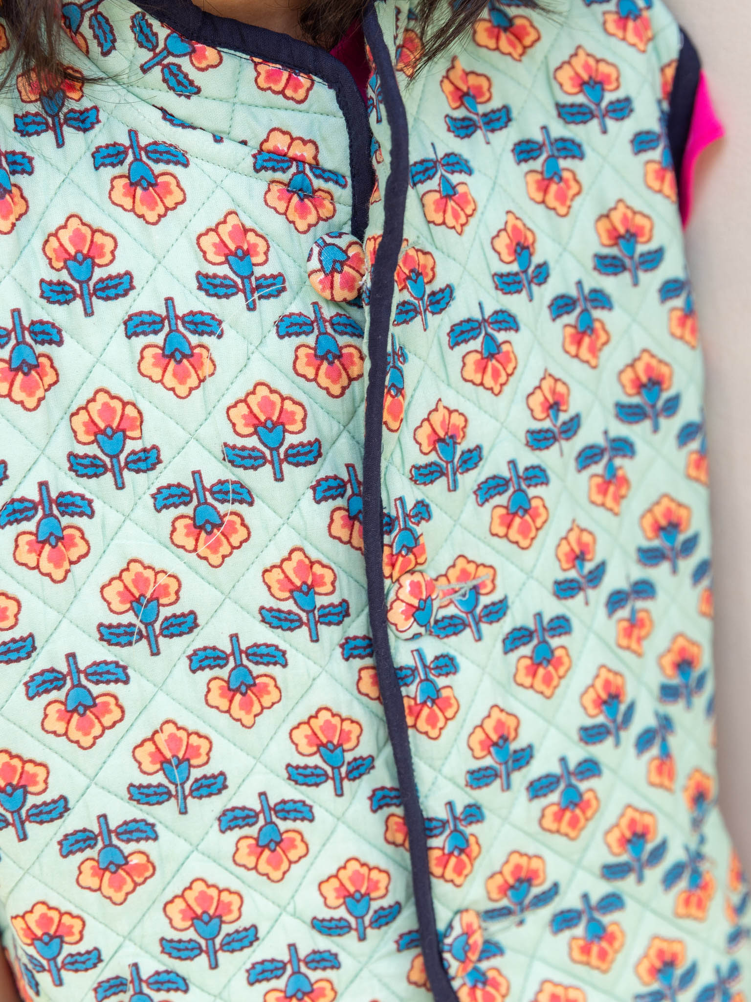 Cotton Kids Quilted Greenish Blue Orange Floral Sleevless Jacket