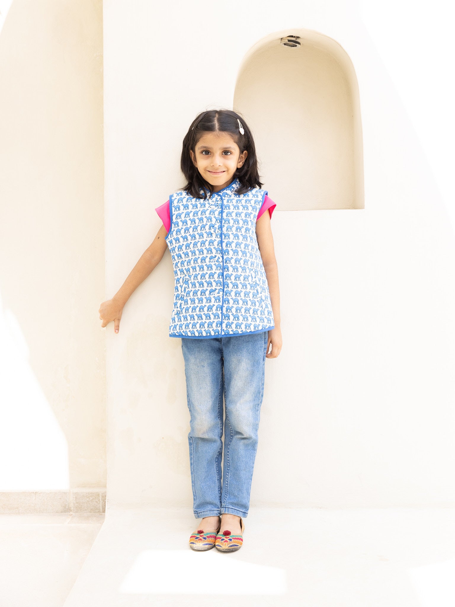 Cotton Kids Quilted Blue Camel Sleevless Jacket