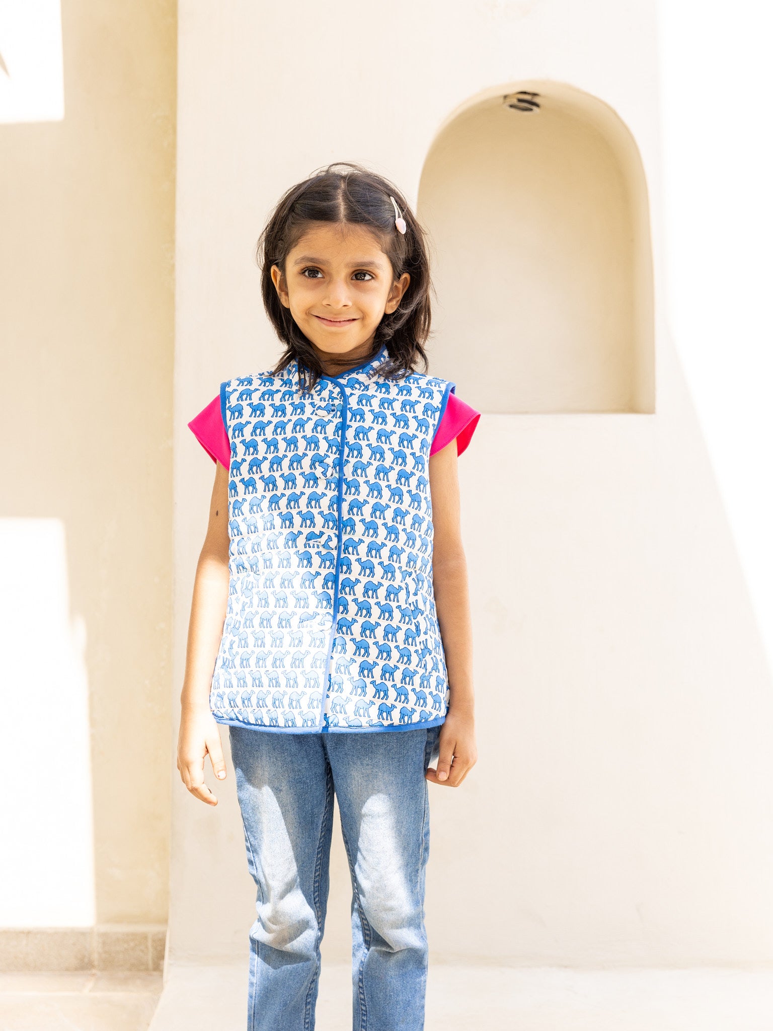 Cotton Kids Quilted Blue Camel Sleevless Jacket