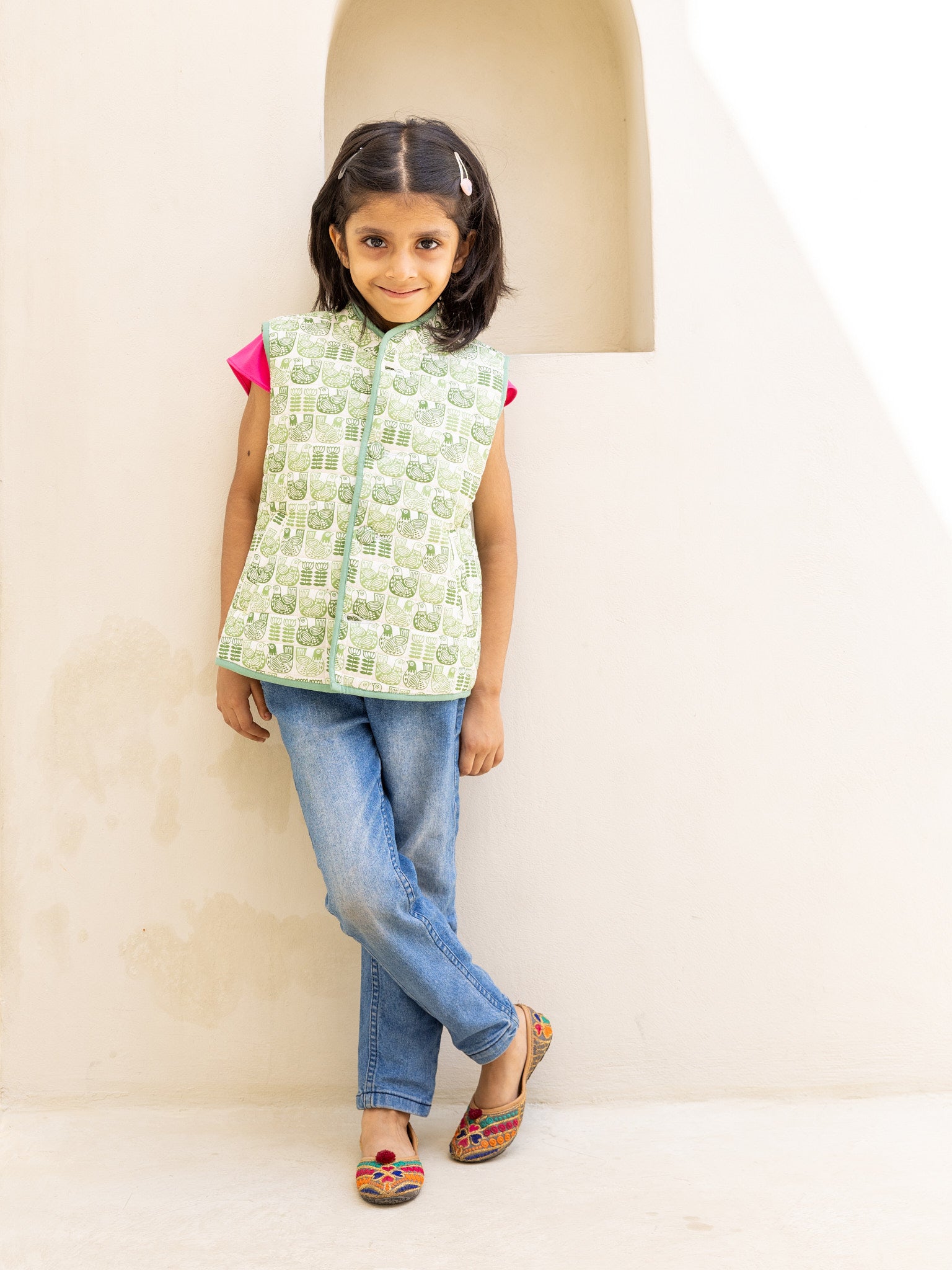 Cotton Kids Quilted Green Pigeons Sleevless Jacket
