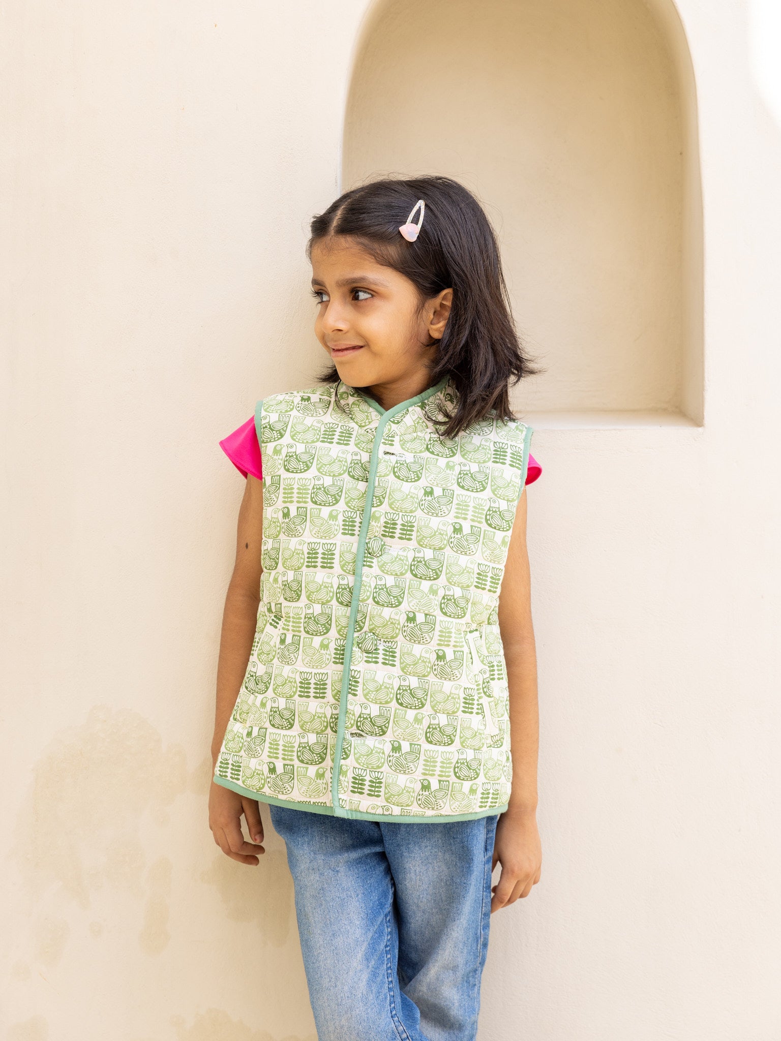 Cotton Kids Quilted Green Pigeons Sleevless Jacket