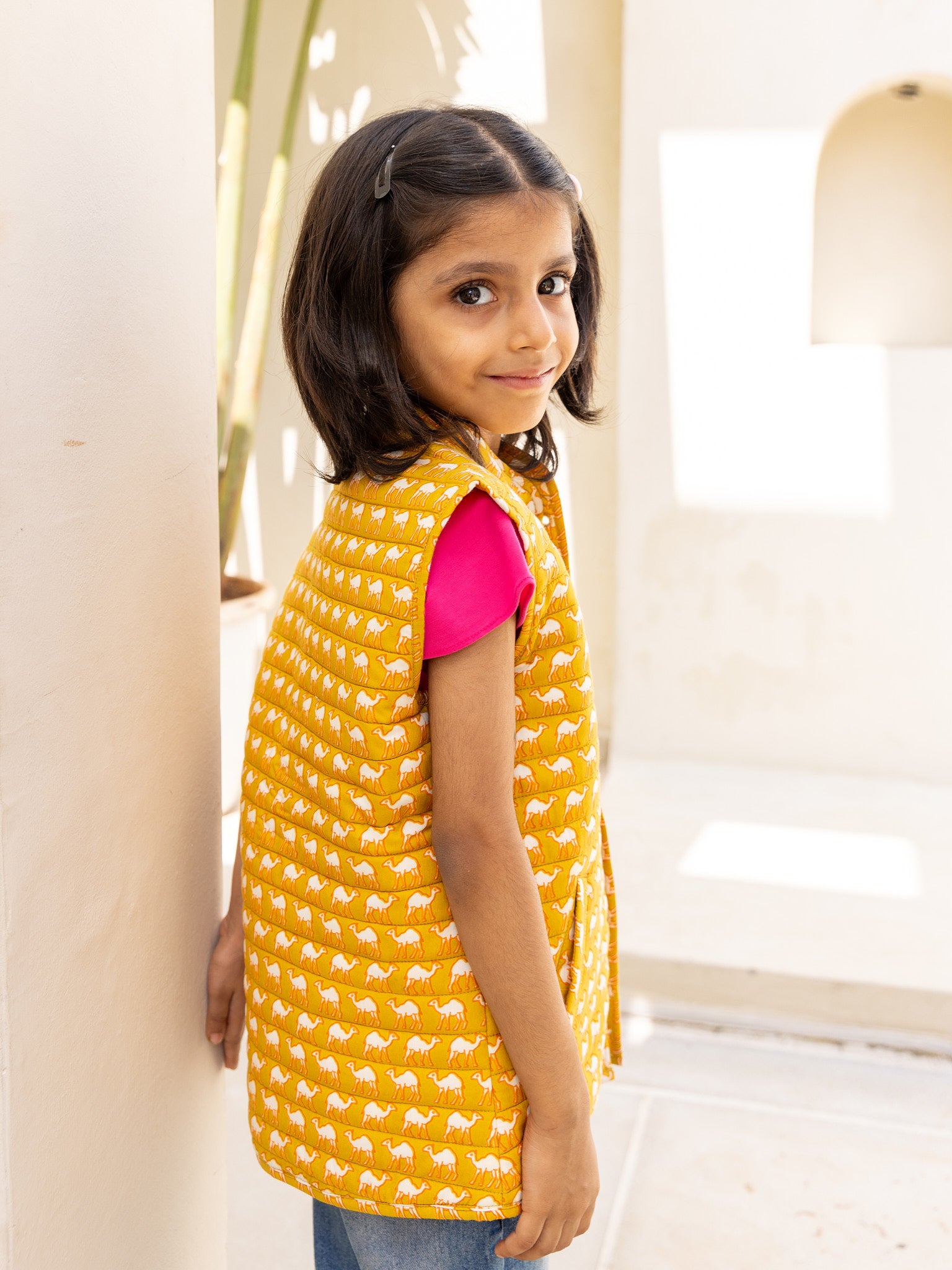 Cotton Kids Mustard-White Camel Print Sleevless Jacket