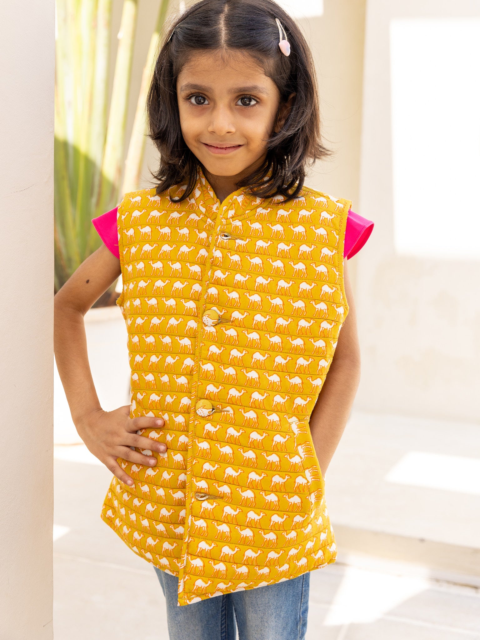 Cotton Kids Mustard-White Camel Print Sleevless Jacket