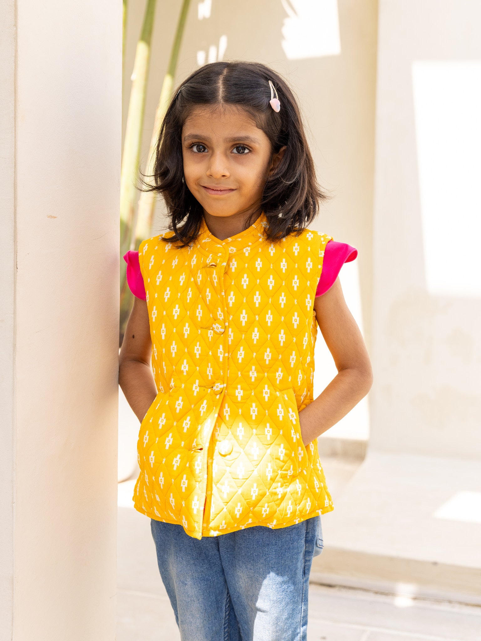 Cotton Kids Quilted Yellow-White Geometric Sleevless Jacket