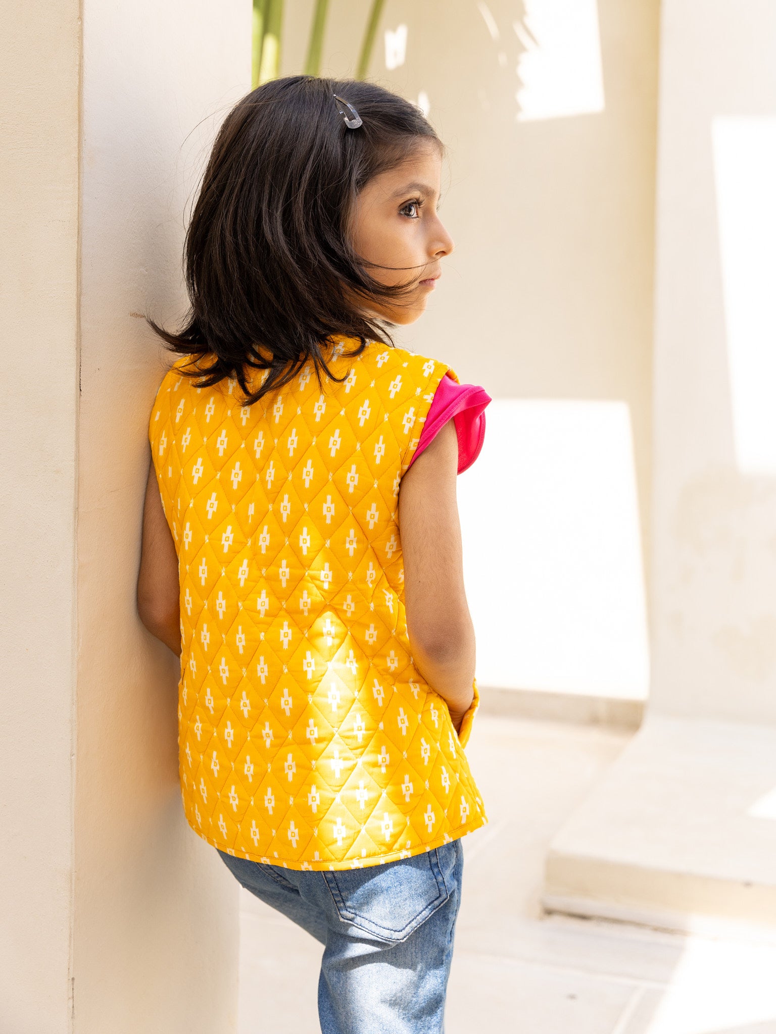 Cotton Kids Quilted Yellow-White Geometric Sleevless Jacket