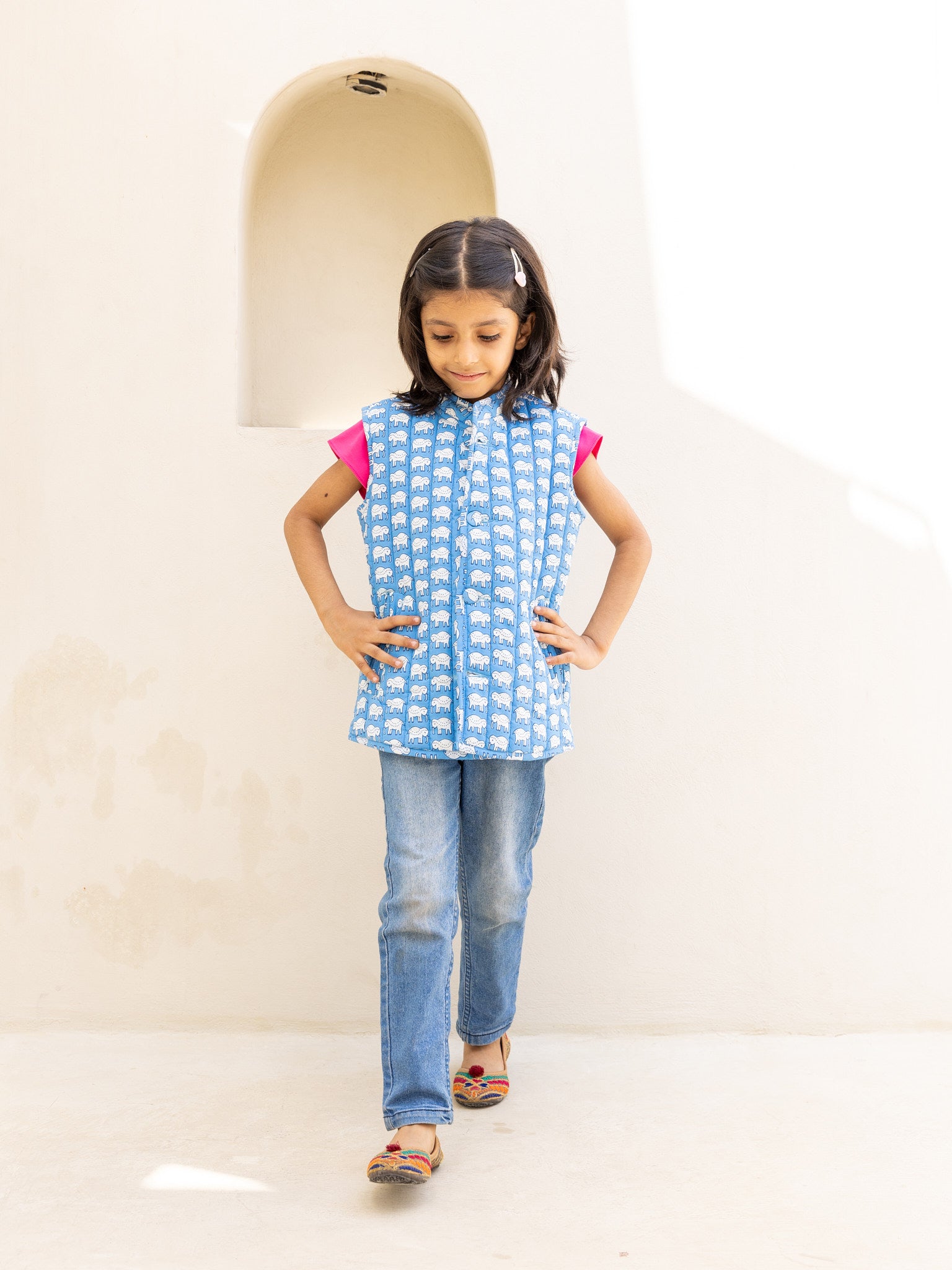 Cotton Kids Blue-White Elephant Print Sleevless Jacket