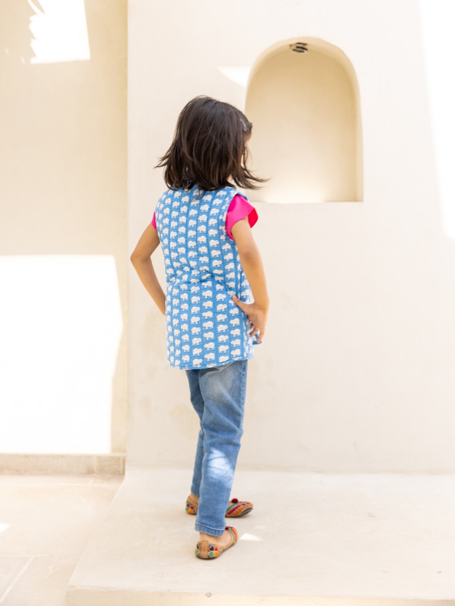 Cotton Kids Blue-White Elephant Print Sleevless Jacket