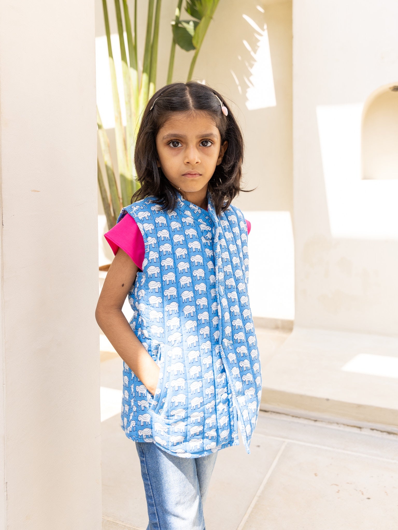 Cotton Kids Blue-White Elephant Print Sleevless Jacket