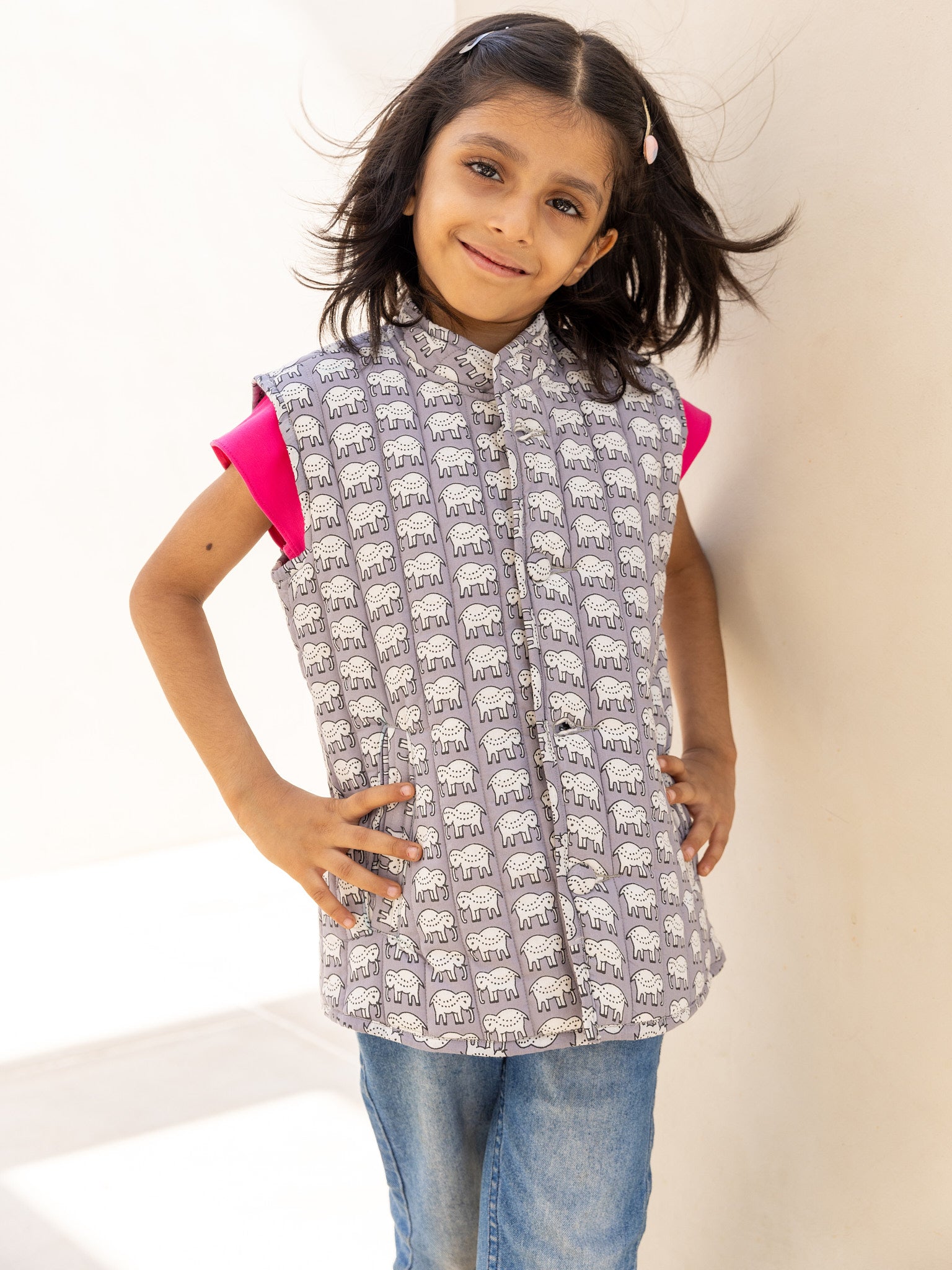 Cotton Kids Quilted Grey-White Elephant Sleevless Jacket