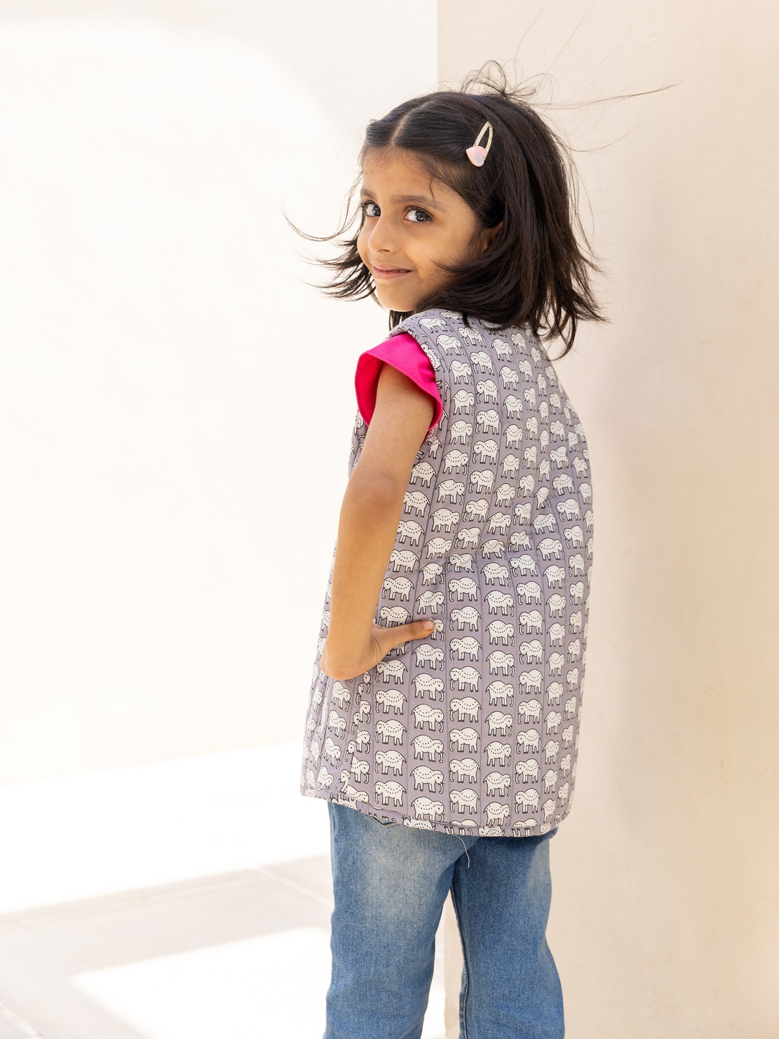 Cotton Kids Quilted Grey-White Elephant Sleevless Jacket