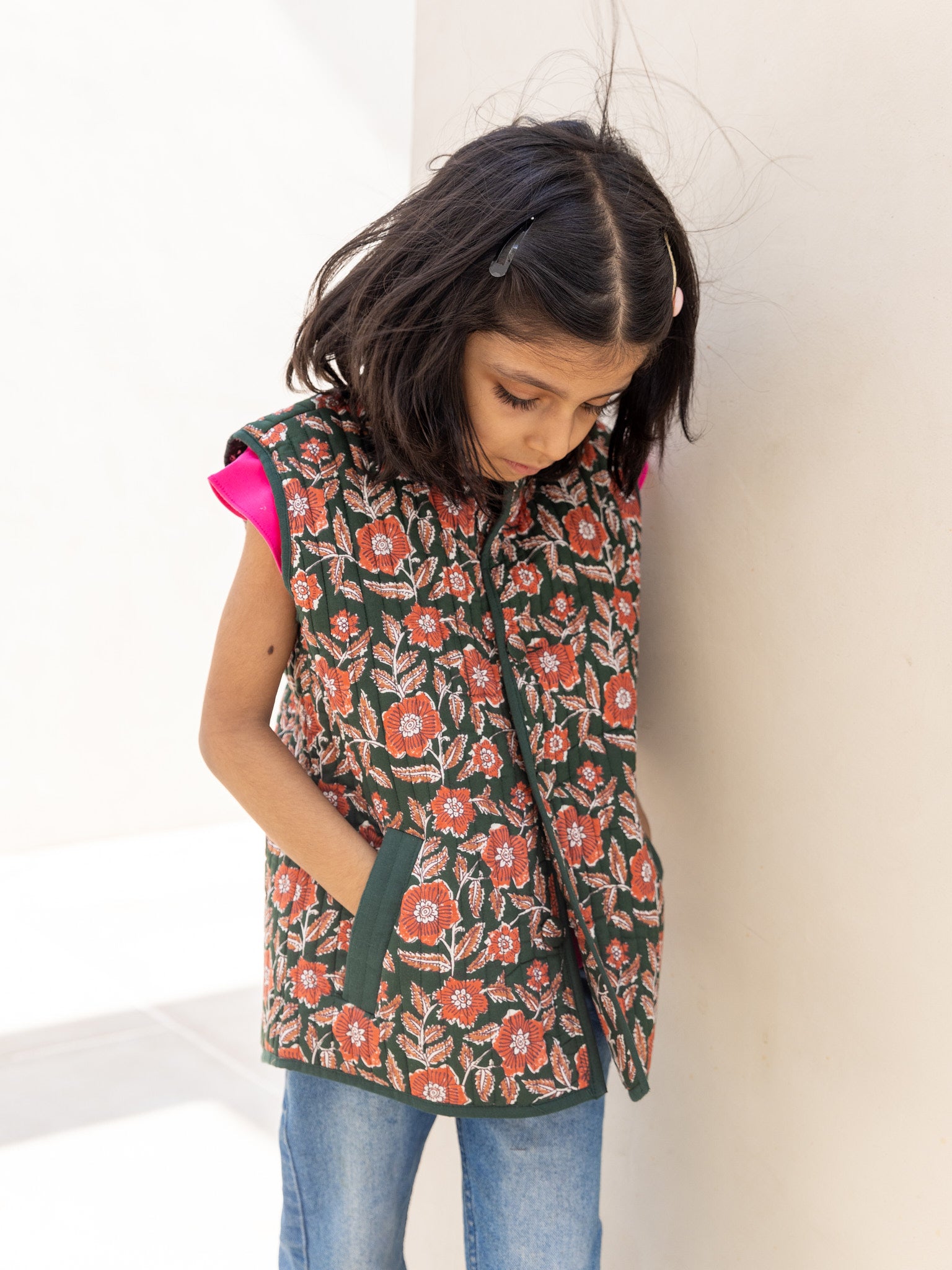 Cotton Kids Quilted Green Sunshine Floral Sleevless Jacket