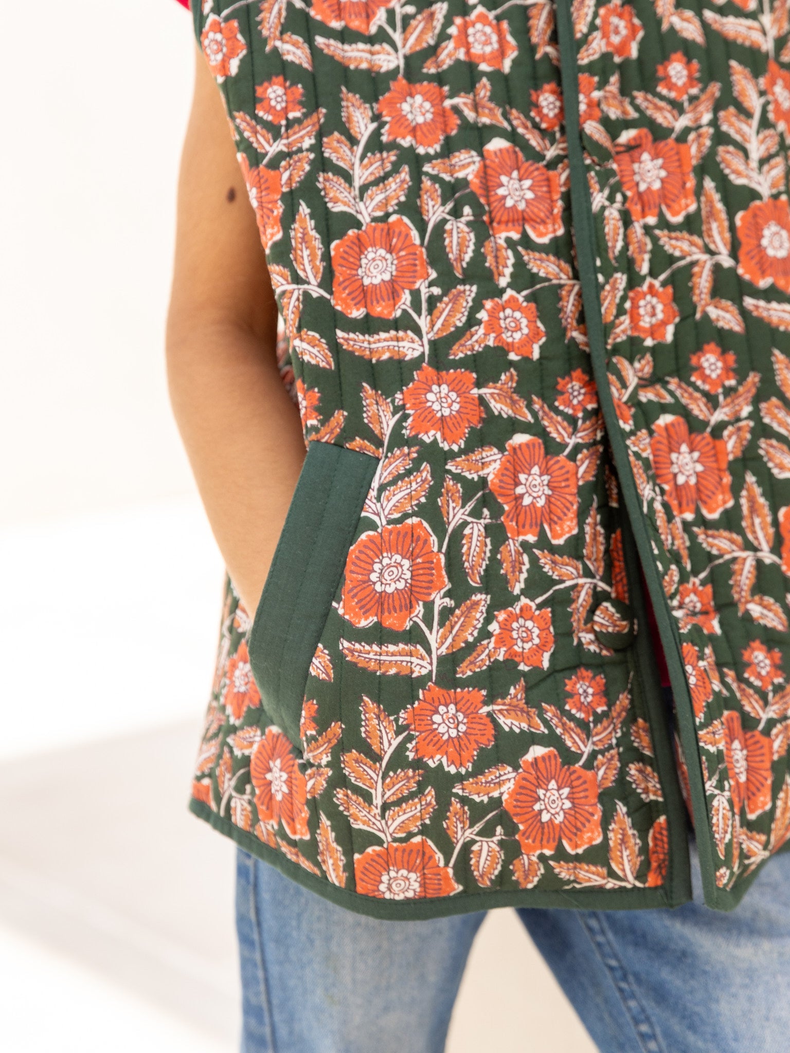 Cotton Kids Quilted Green Sunshine Floral Sleevless Jacket