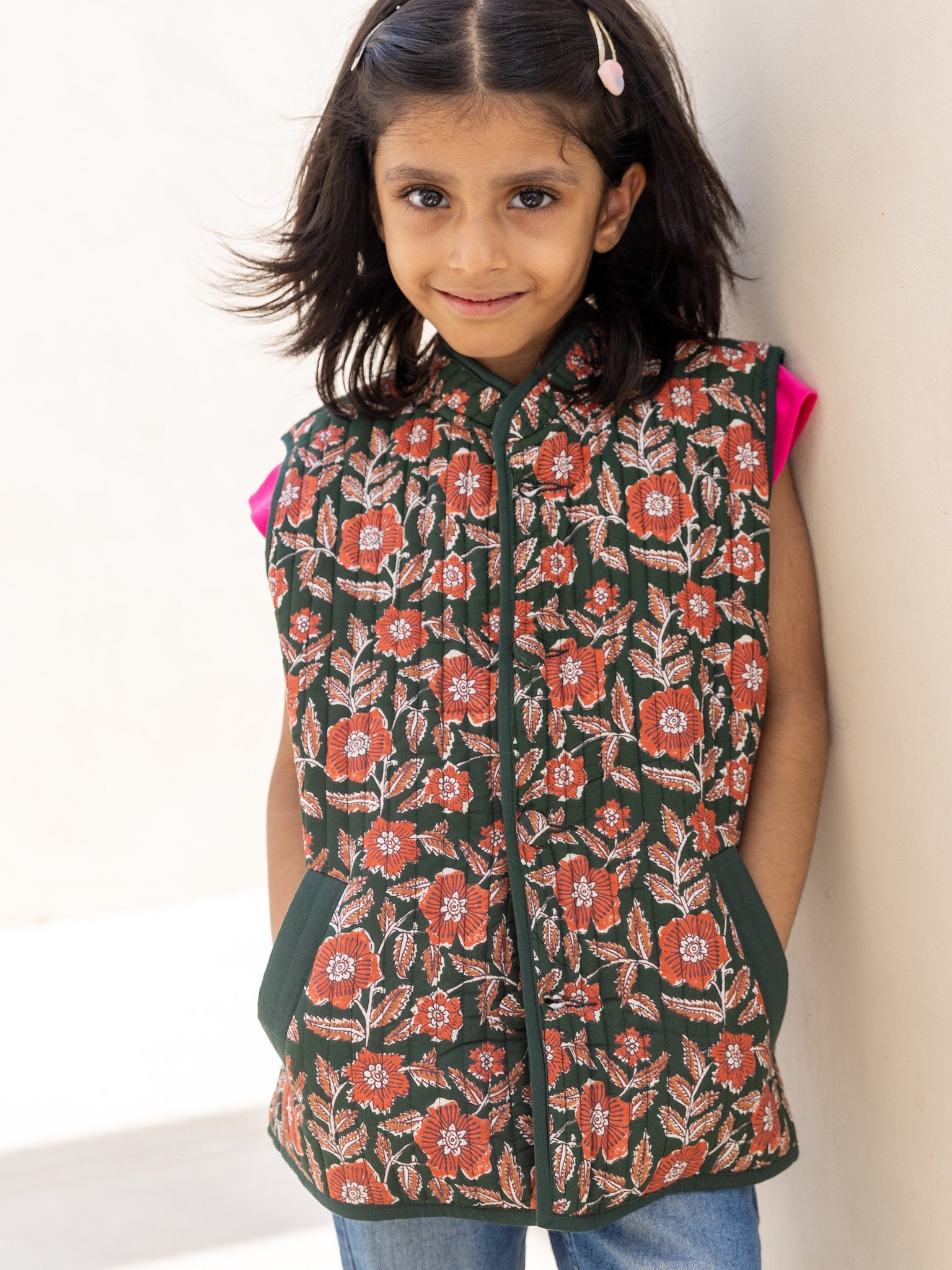 Cotton Kids Quilted Green Sunshine Floral Sleevless Jacket