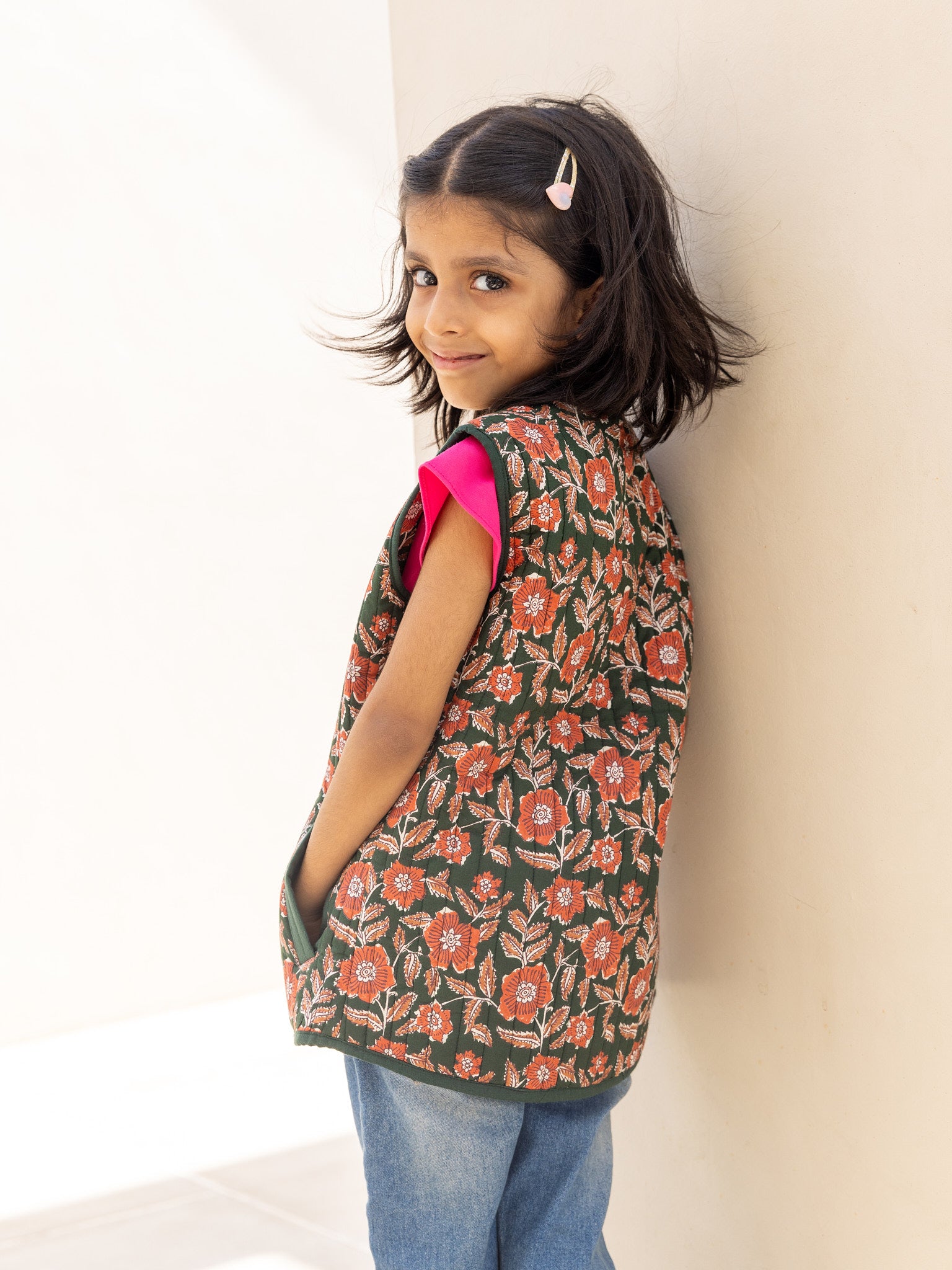 Cotton Kids Quilted Green Sunshine Floral Sleevless Jacket