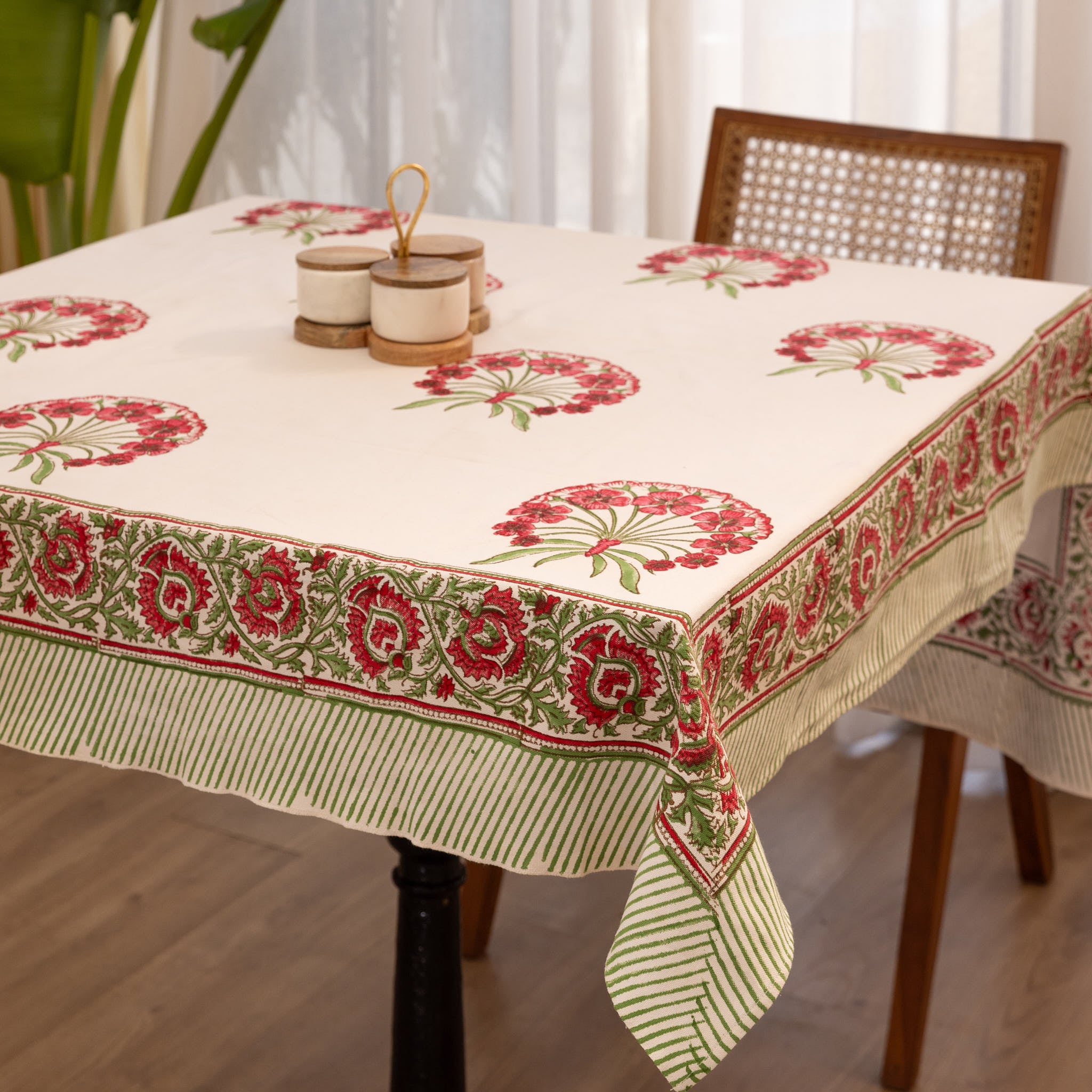 Cotton Table Cover Red-Green Floral Block Print