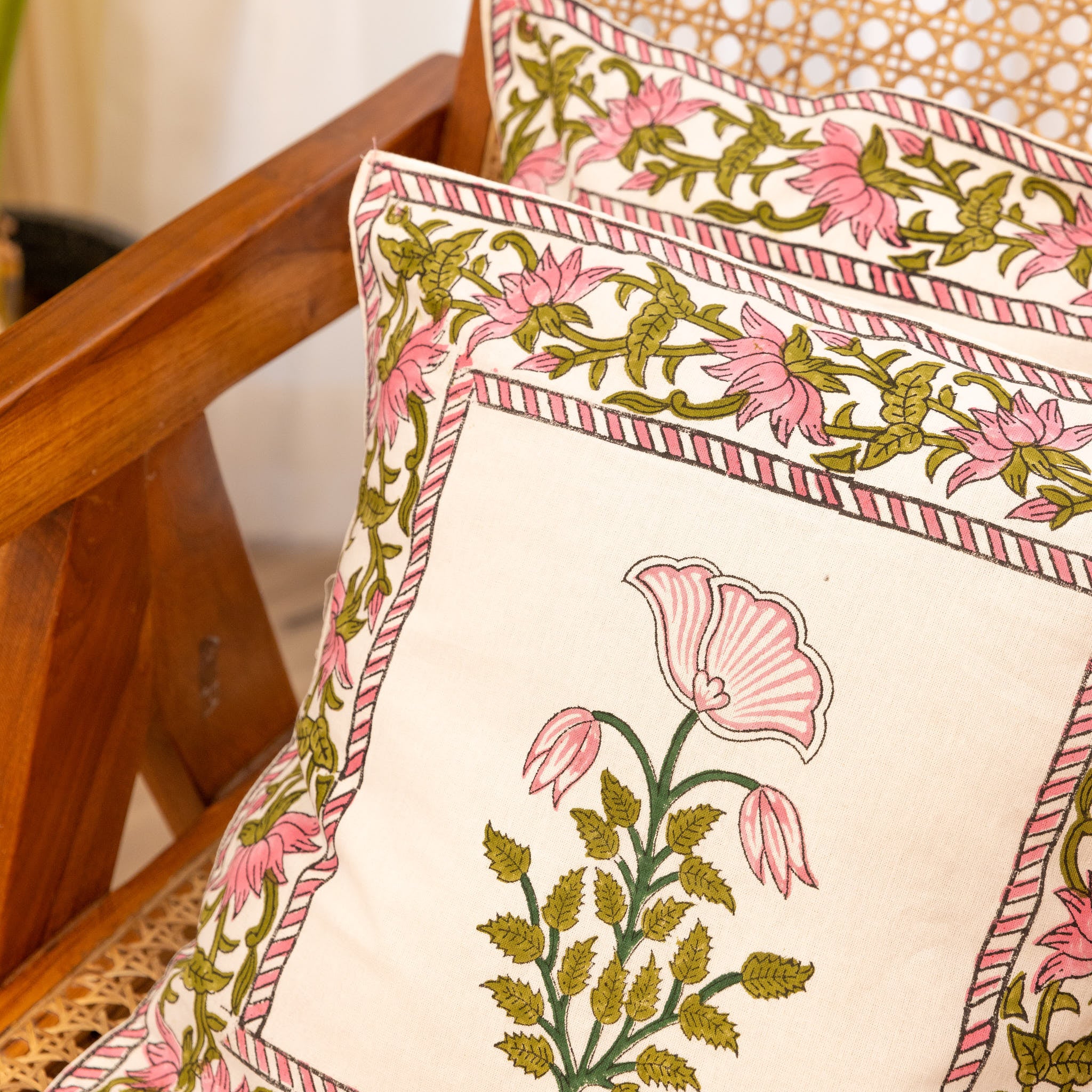 Cotton Pink Dahaliya Block Print Cushion Cover