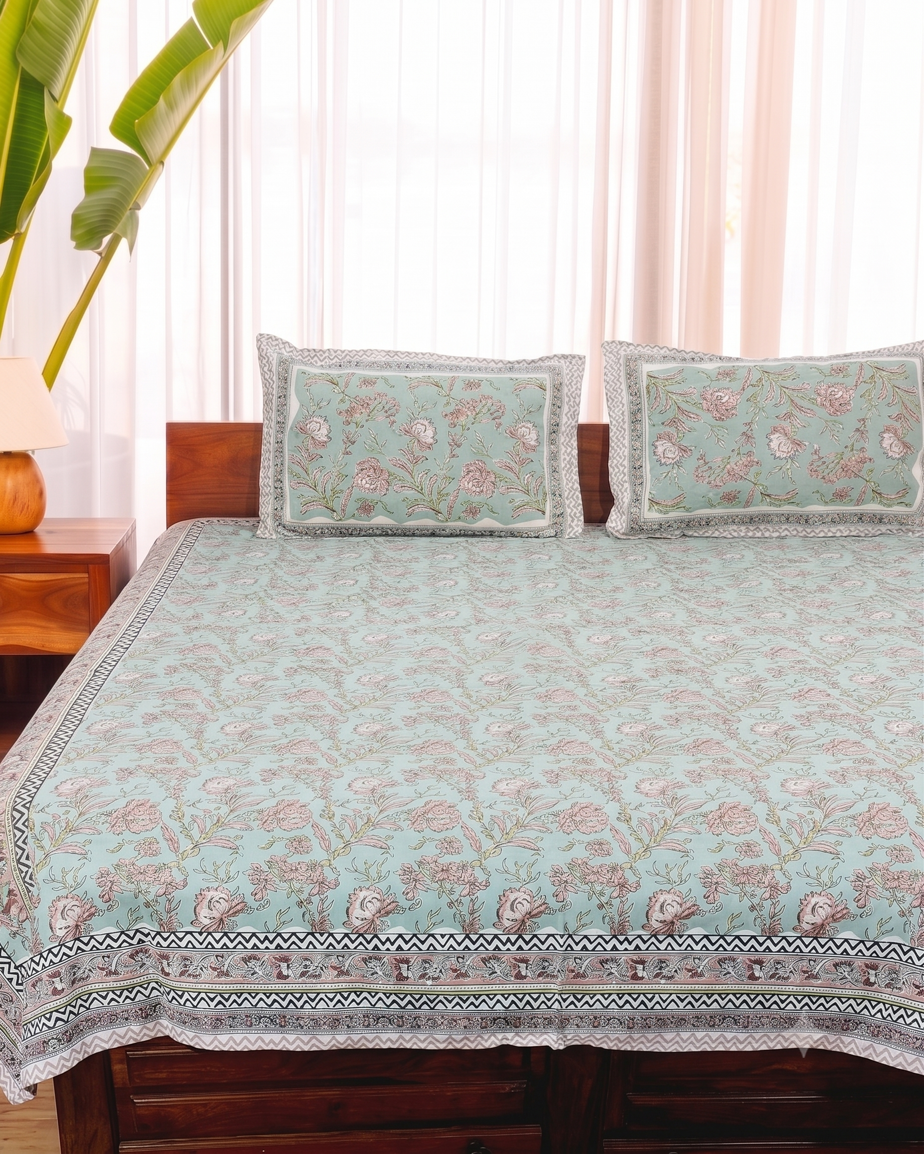 Cotton Queen Size Bedsheet – Pastel Blue Elegant Floral Print