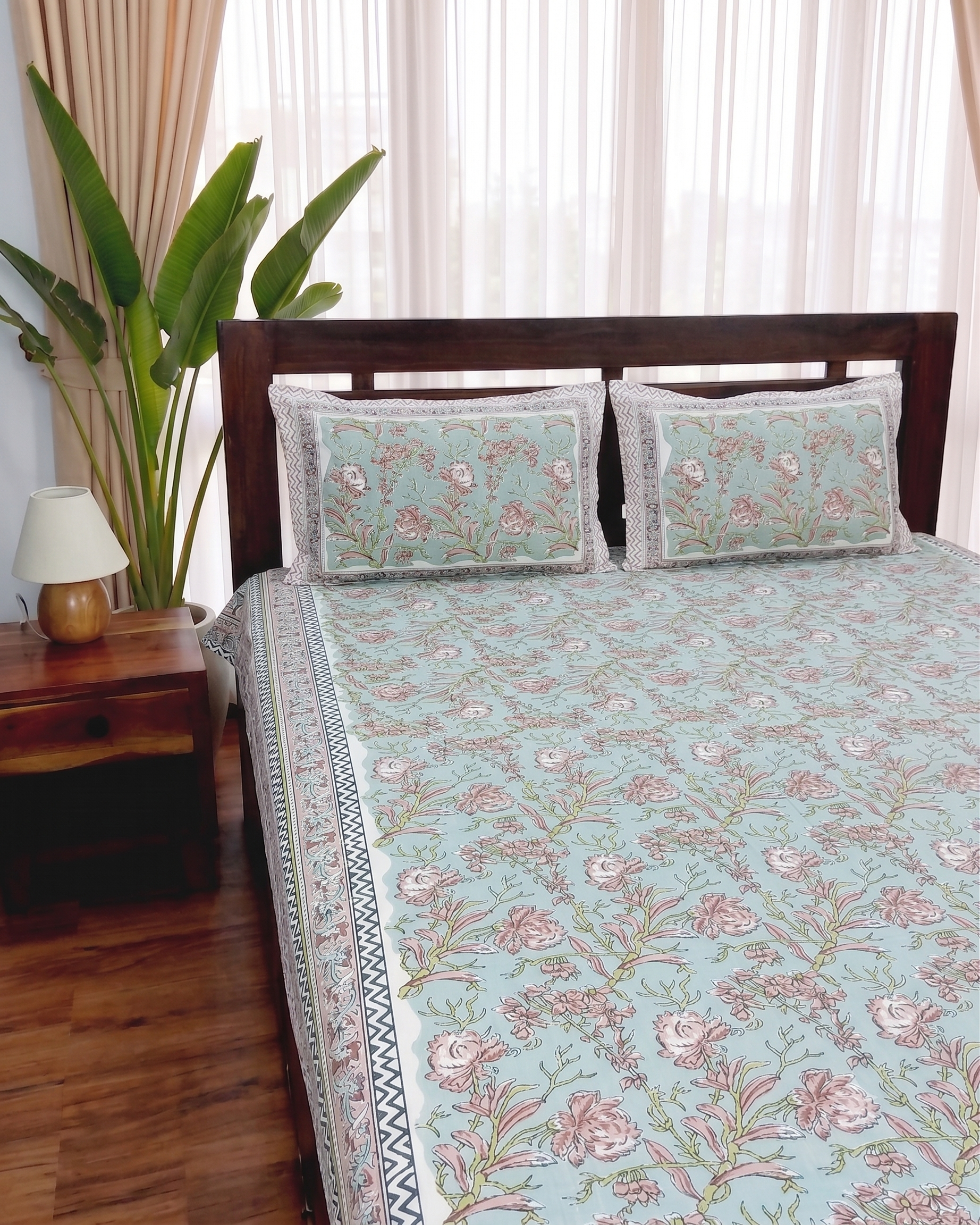 Cotton Queen Size Bedsheet – Pastel Blue Elegant Floral Print
