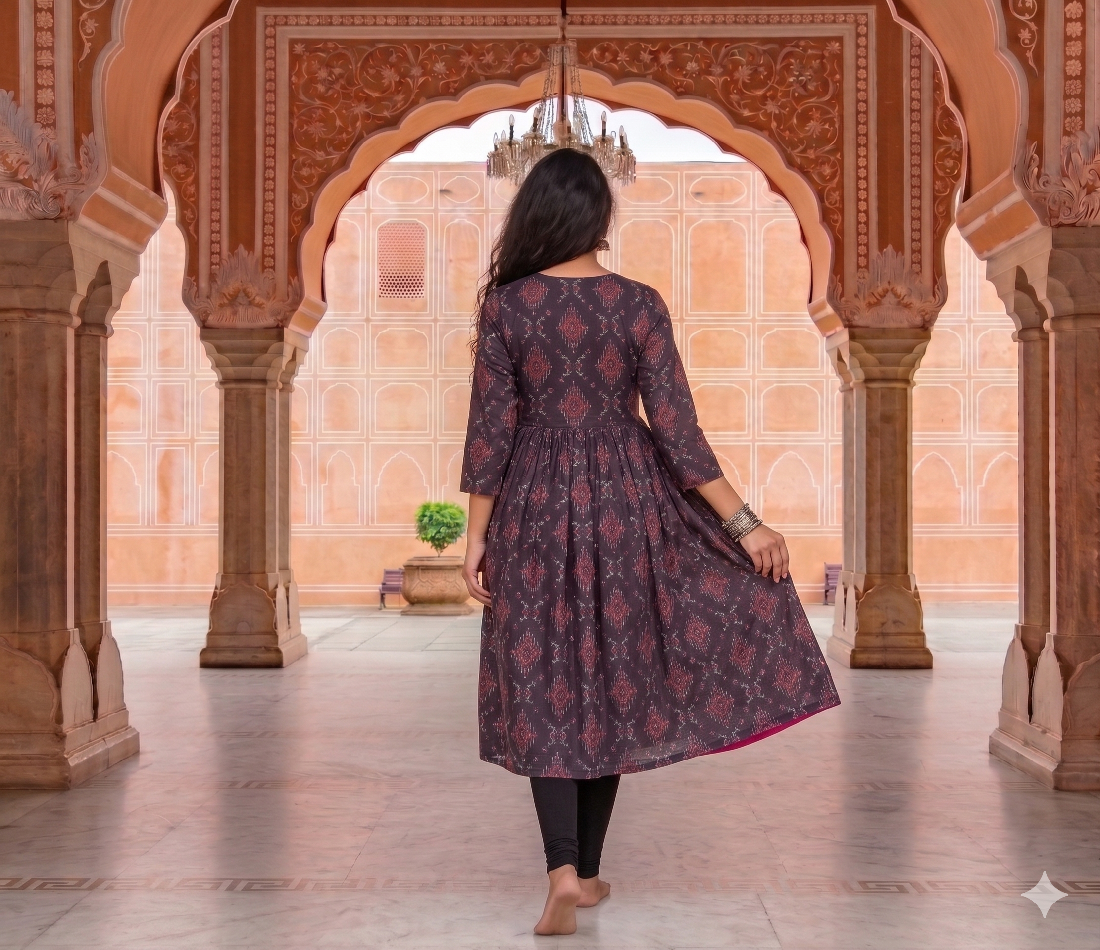 Cotton Black-Red Ikat Block Print Long Kurti