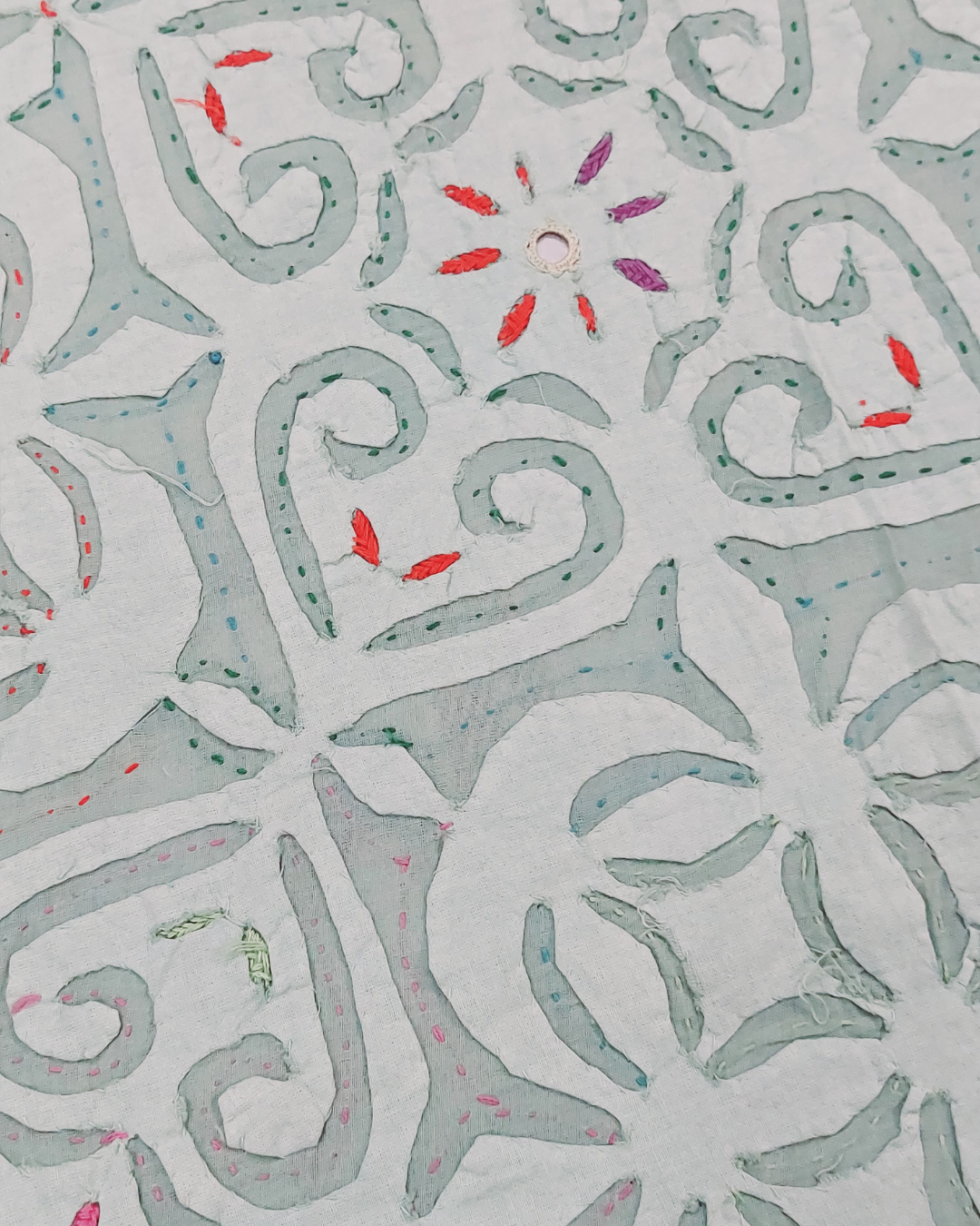 Cotton Pista Green Orcandi Applique Work Bed Cover