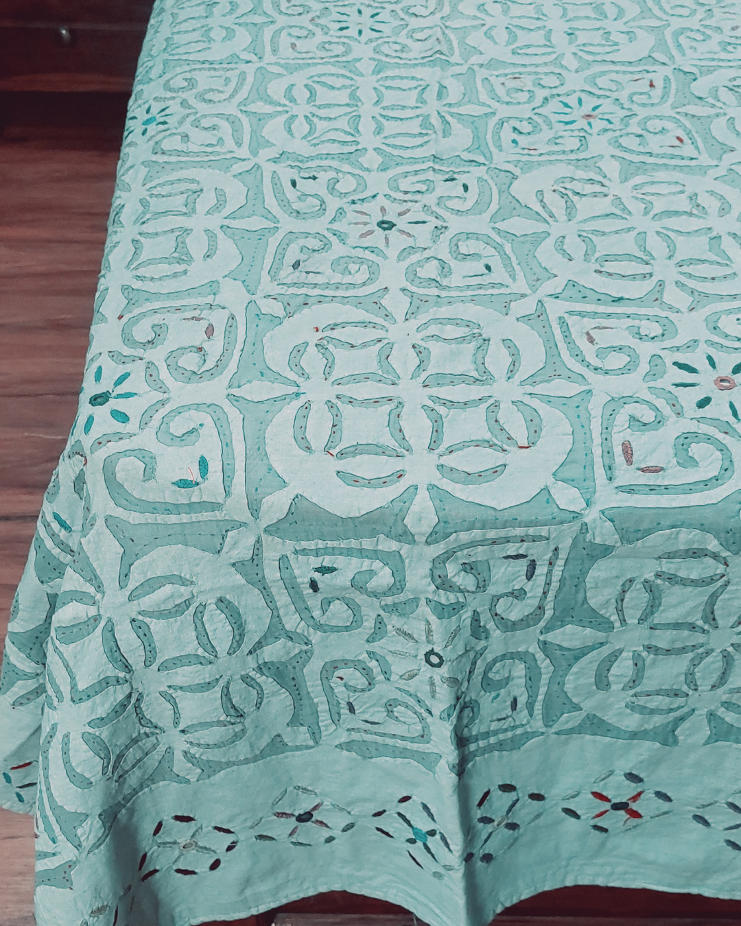 Cotton Pista Green Orcandi Applique Work Bed Cover