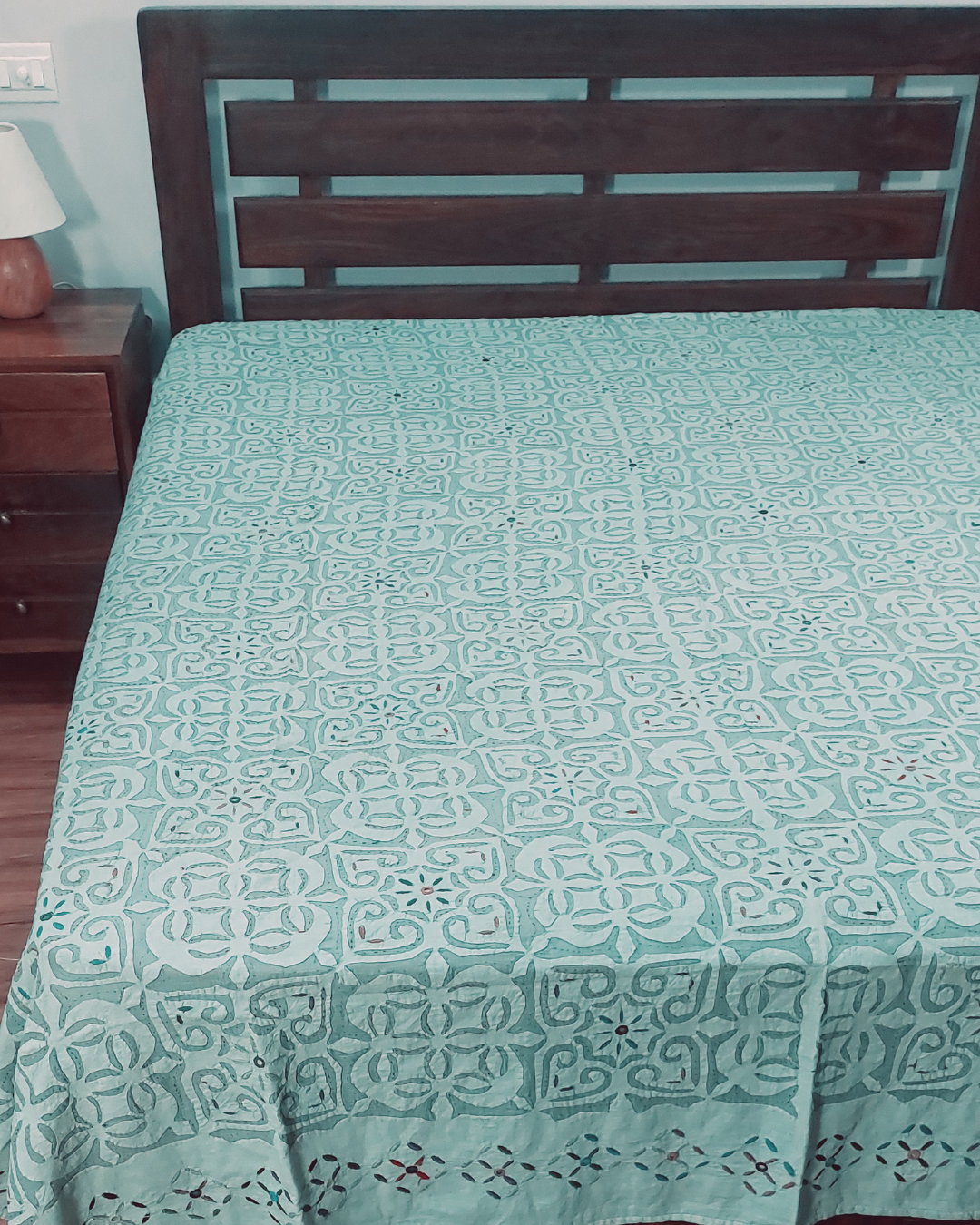 Cotton Pista Green Orcandi Applique Work Bed Cover