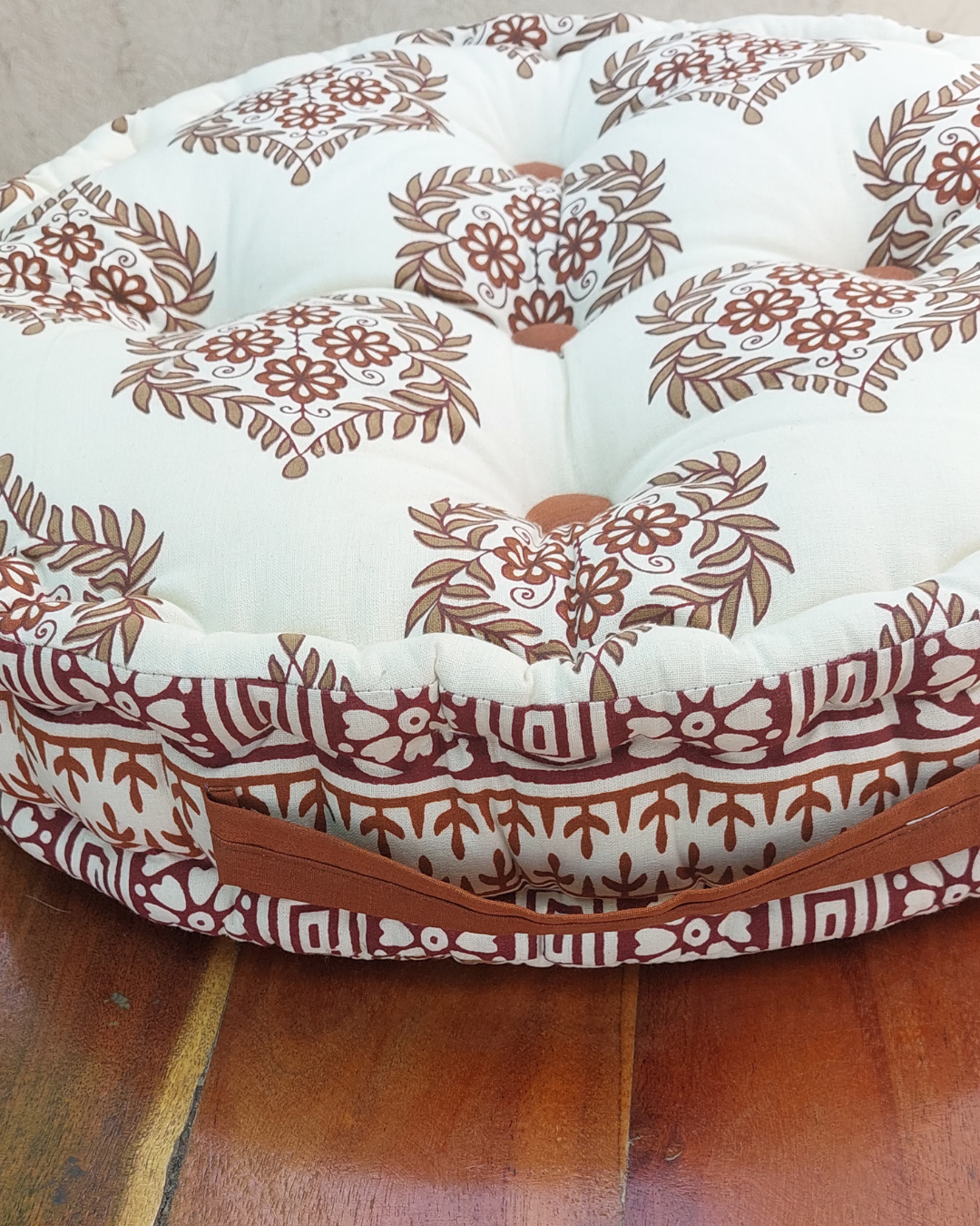 Cotton Floor Cushion Round Brown Mughal Jaali Print