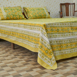 Cotton Block Print Green Yellow Queen Size Bedsheet