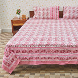 Cotton Block Print Booti Pink Queen Size Bedsheet