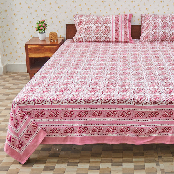 Cotton Block Print Booti Pink Queen Size Bedsheet