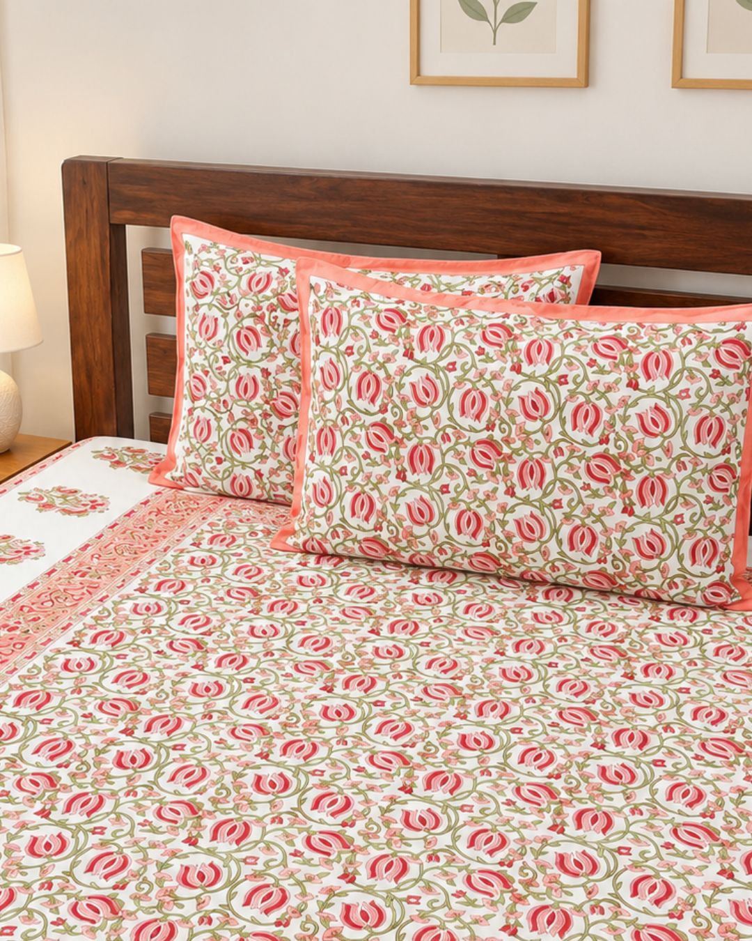 Cotton Queen Size Bedsheet – Coral Pink and Olive Green tulip Floral Block Print