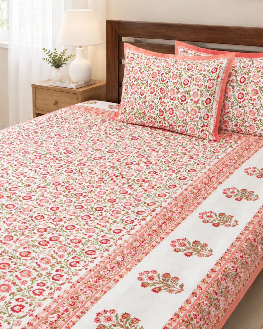 Cotton Queen Size Bedsheet – Coral Pink and Olive Green tulip Floral Block Print