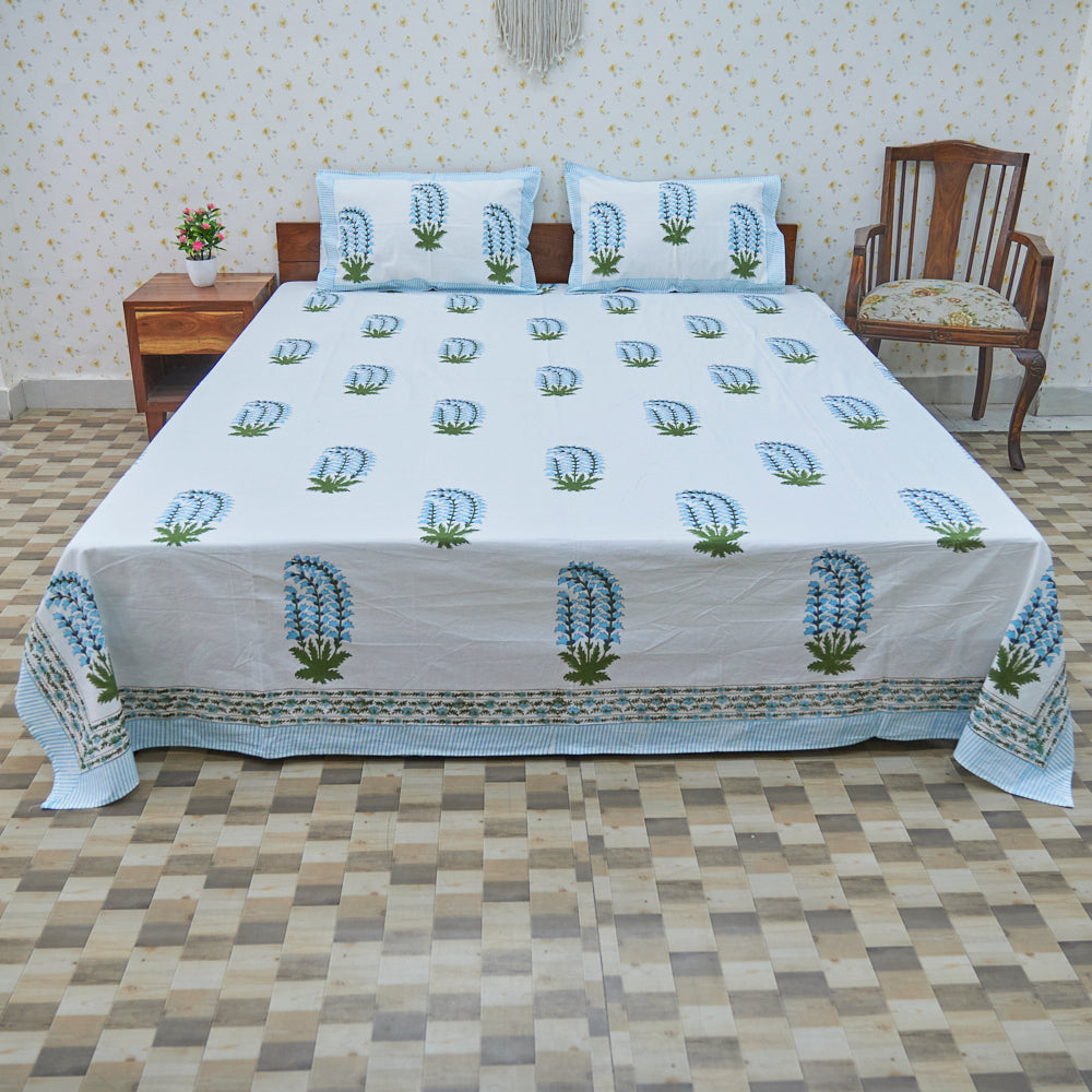 Cotton White Blue Plant Block Print Queen Size Bedsheet