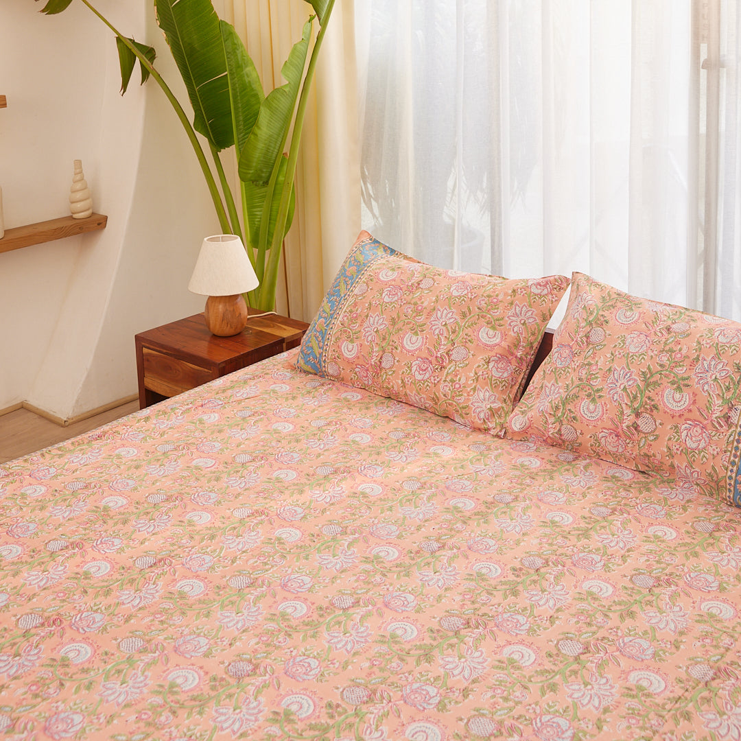Cotton King Size BedSheet Peach Green Floral Jaal Block Print