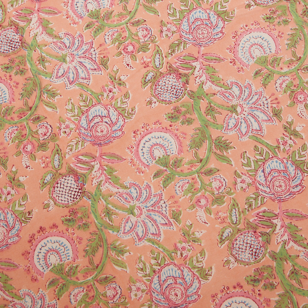 Cotton King Size BedSheet Peach Green Floral Jaal Block Print