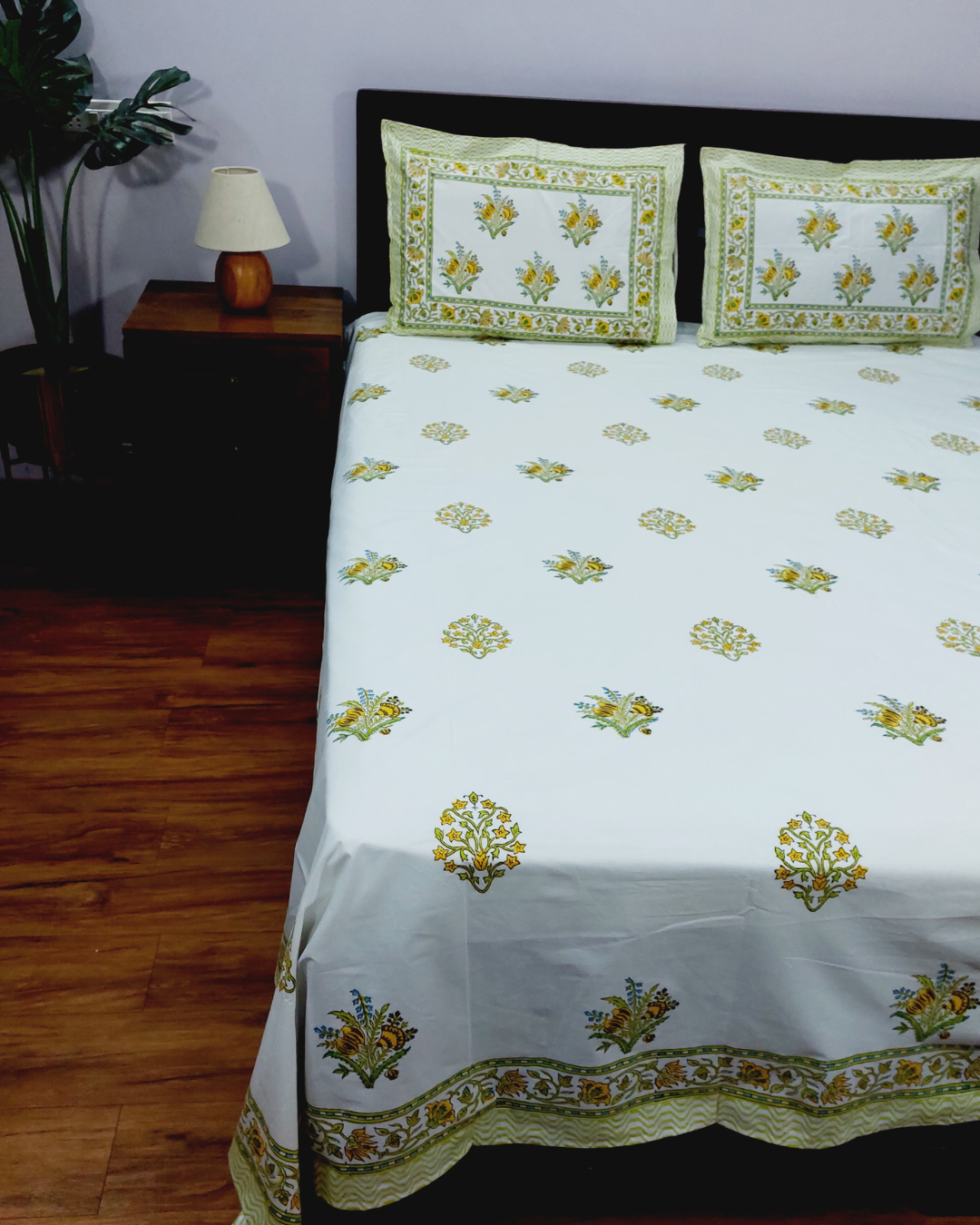Super Fine Cotton bedsheet Mustard-Green Floral Boota Block Print
