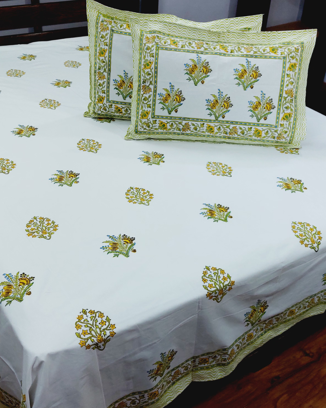 Super Fine Cotton bedsheet Mustard-Green Floral Boota Block Print