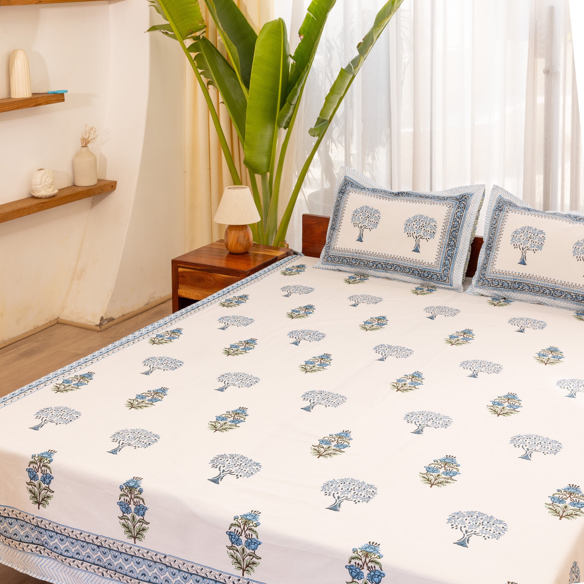 Super Fine Cotton Bedsheet Blue-Green Floral Boota Block Print