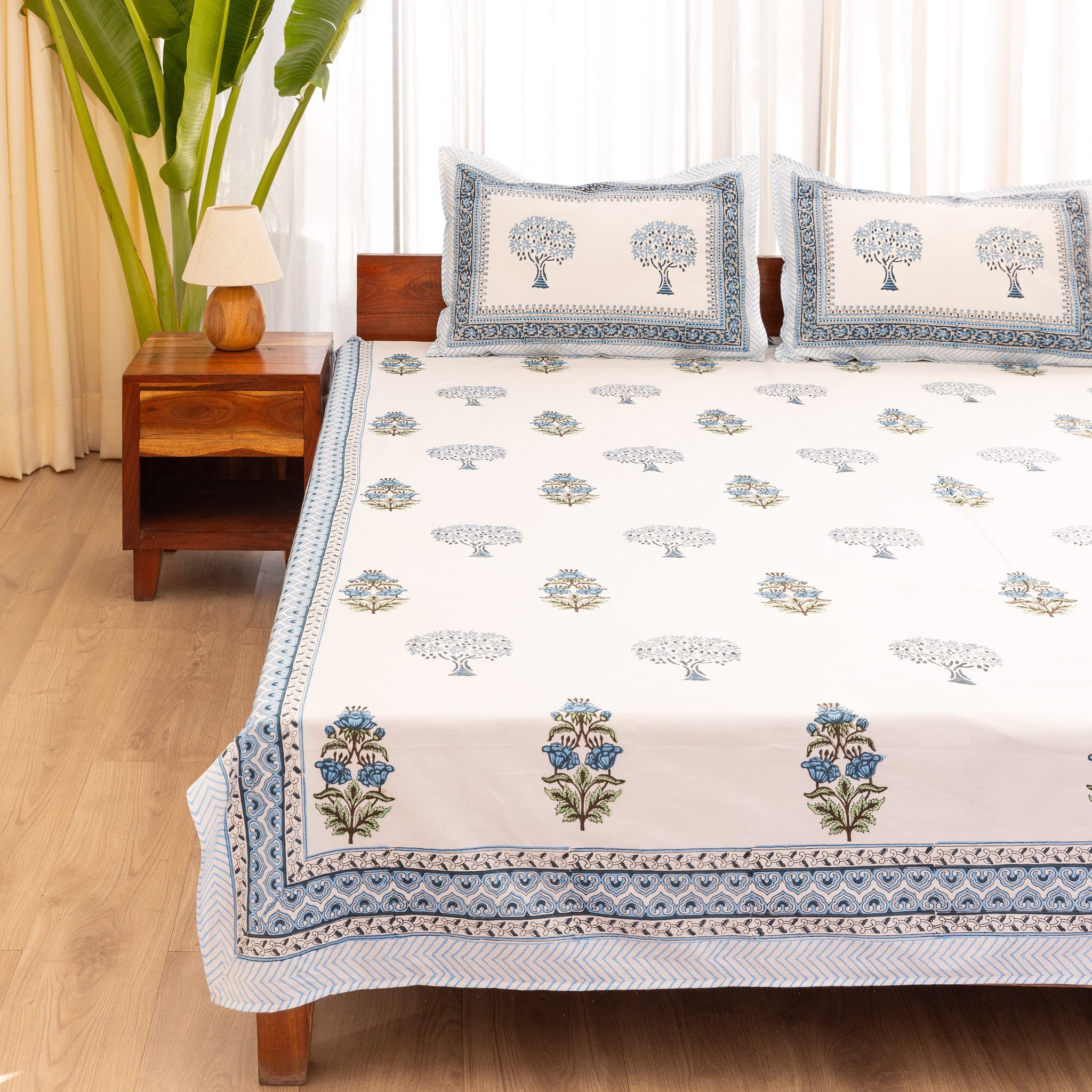 Super Fine Cotton Bedsheet Blue-Green Floral Boota Block Print
