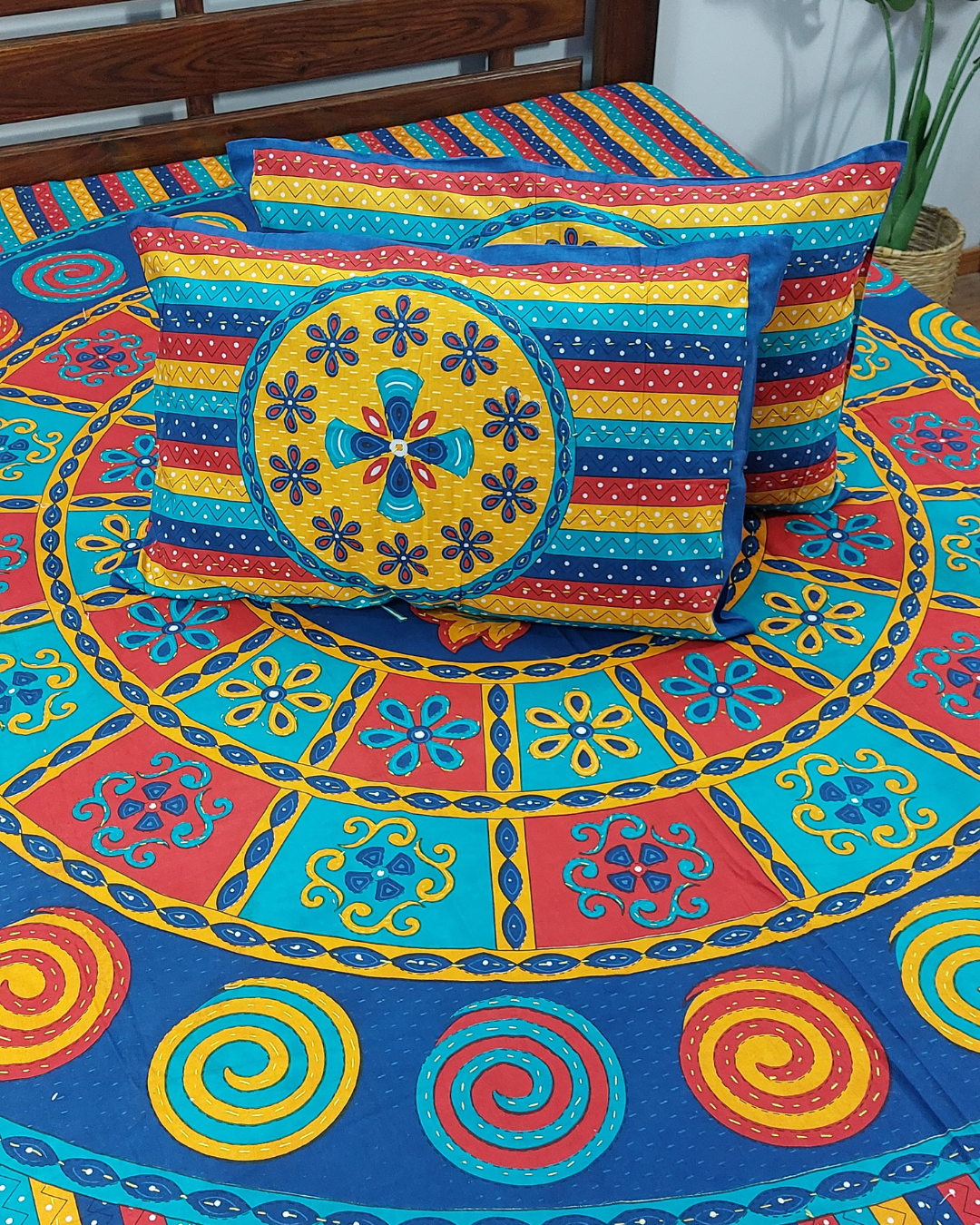 Cotton Double Bed Sheet Blue Kantha Work Mandala Print